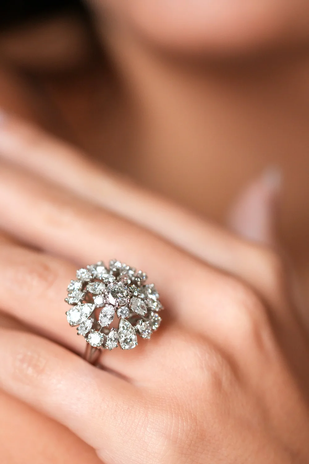 Bague Vintage En Argent Non Titré Avec Brillants, Taille 47, Plateau 1,8cm - Occasion