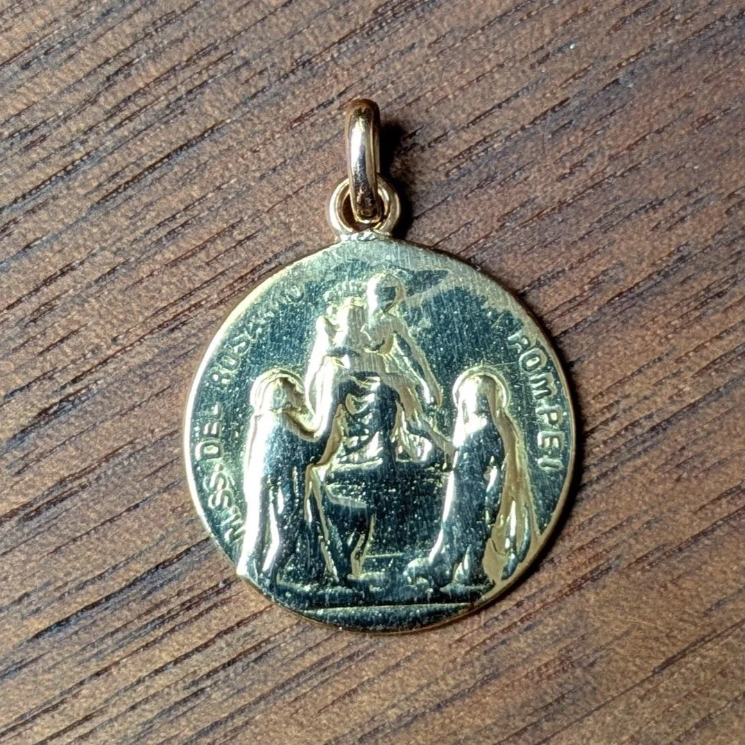 Médaille ancienne en or jaune double face de la Vierge de Pompéi et du Christ