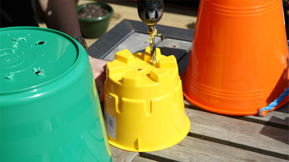   1. Ask an adult to help you drill holes in the bottom of your buckets for drainage.  