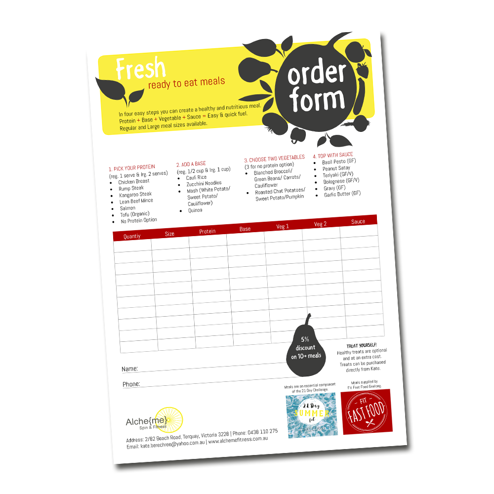 The order form - people can order their fresh ready to eat meals direct from Alche{me} Spin & Fitness. Clean eating is part of the challenge.