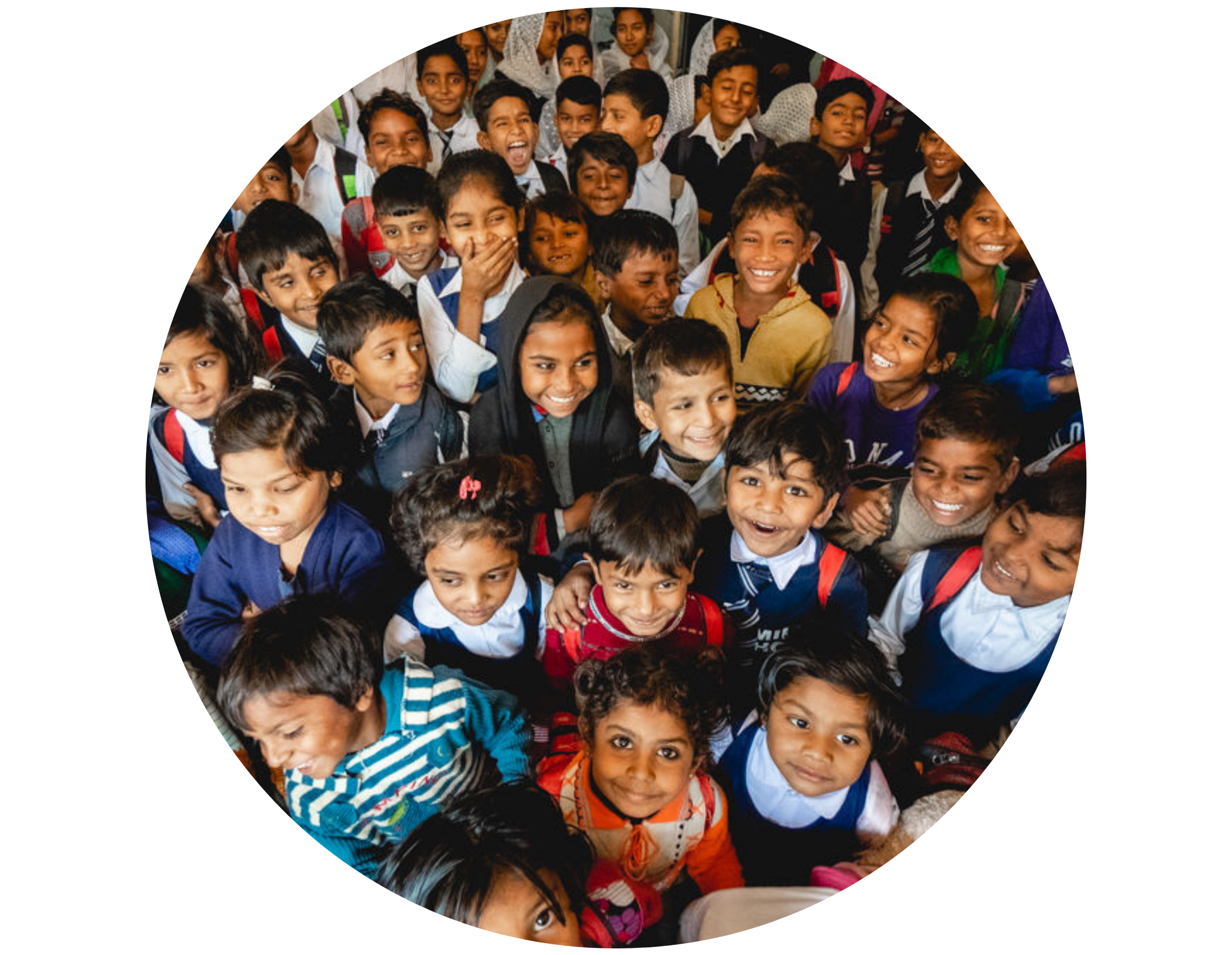 group of elementary school-aged children from another country in group looking up at camera