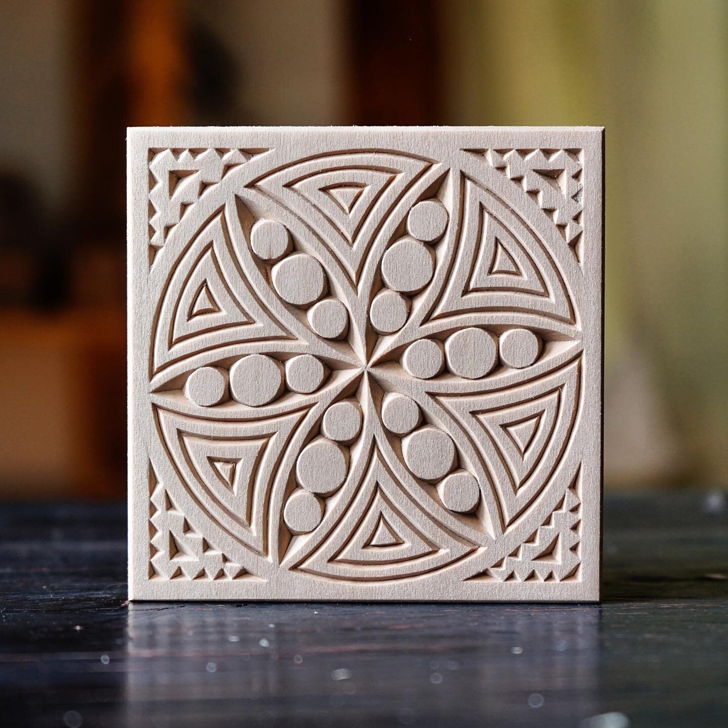 The third of three small basswood tiles (3 5/8&rdquo; square) mounted on fiber board, for experimenting with color glazing. See my previous two posts for the others.
​
​They are also examples of how you can generate endless variety by breaking things