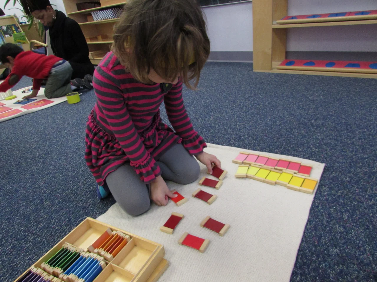 A Primary 3 student used the Color Tablets to grade all
of the colors from darkest to lightest. As
with many of the Sensorial materials in the Primary 3 classroom, the Color Tablets
are used to help develop visual discrimination, concentration and a sense of
order, which are all important skills necessary for longer work.