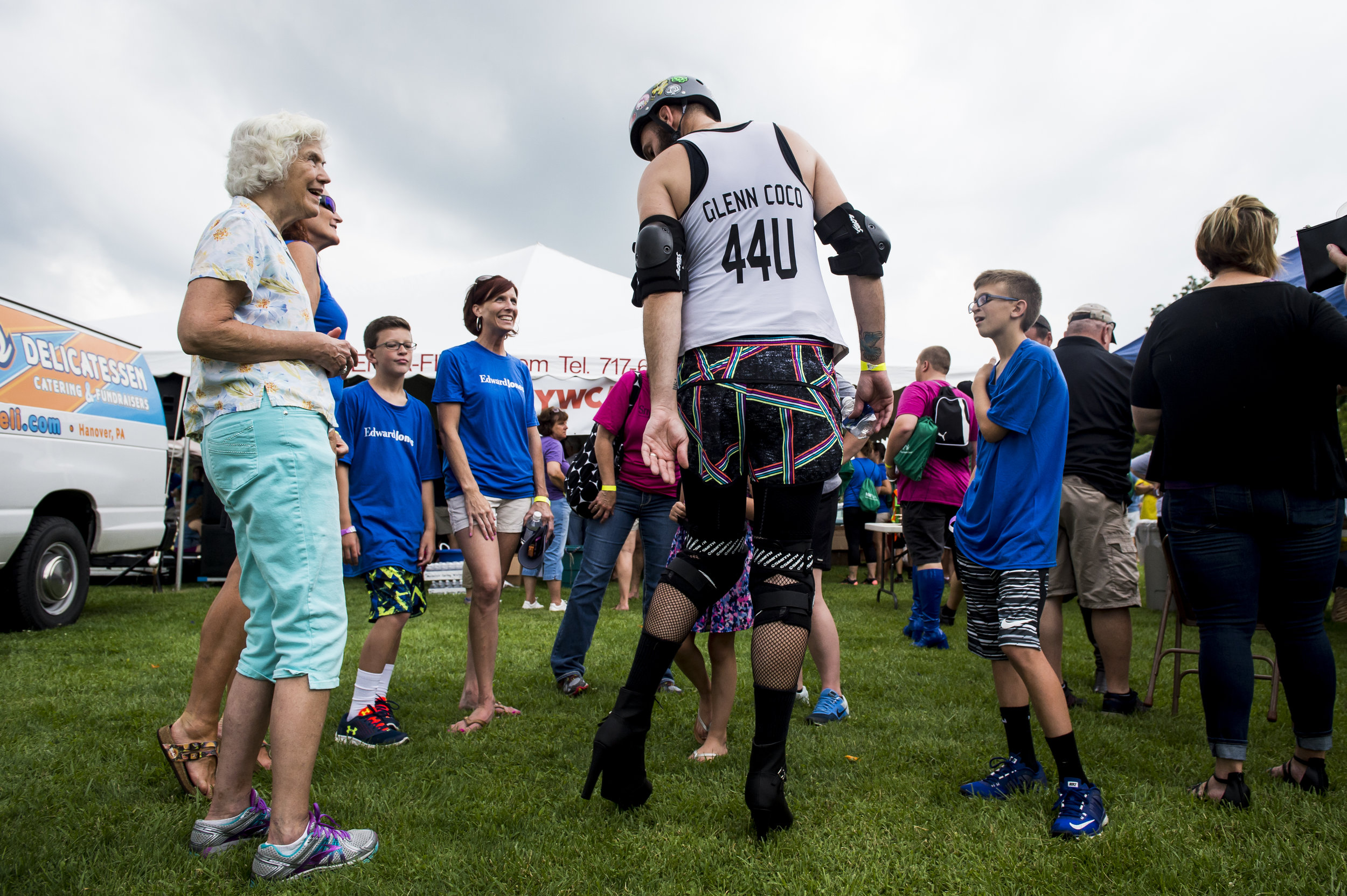  Heath Chesney shows off his attire after taking part in the 5th Annual Walk A Mile in Her Shoes fundraiser in Hanover&nbsp; 