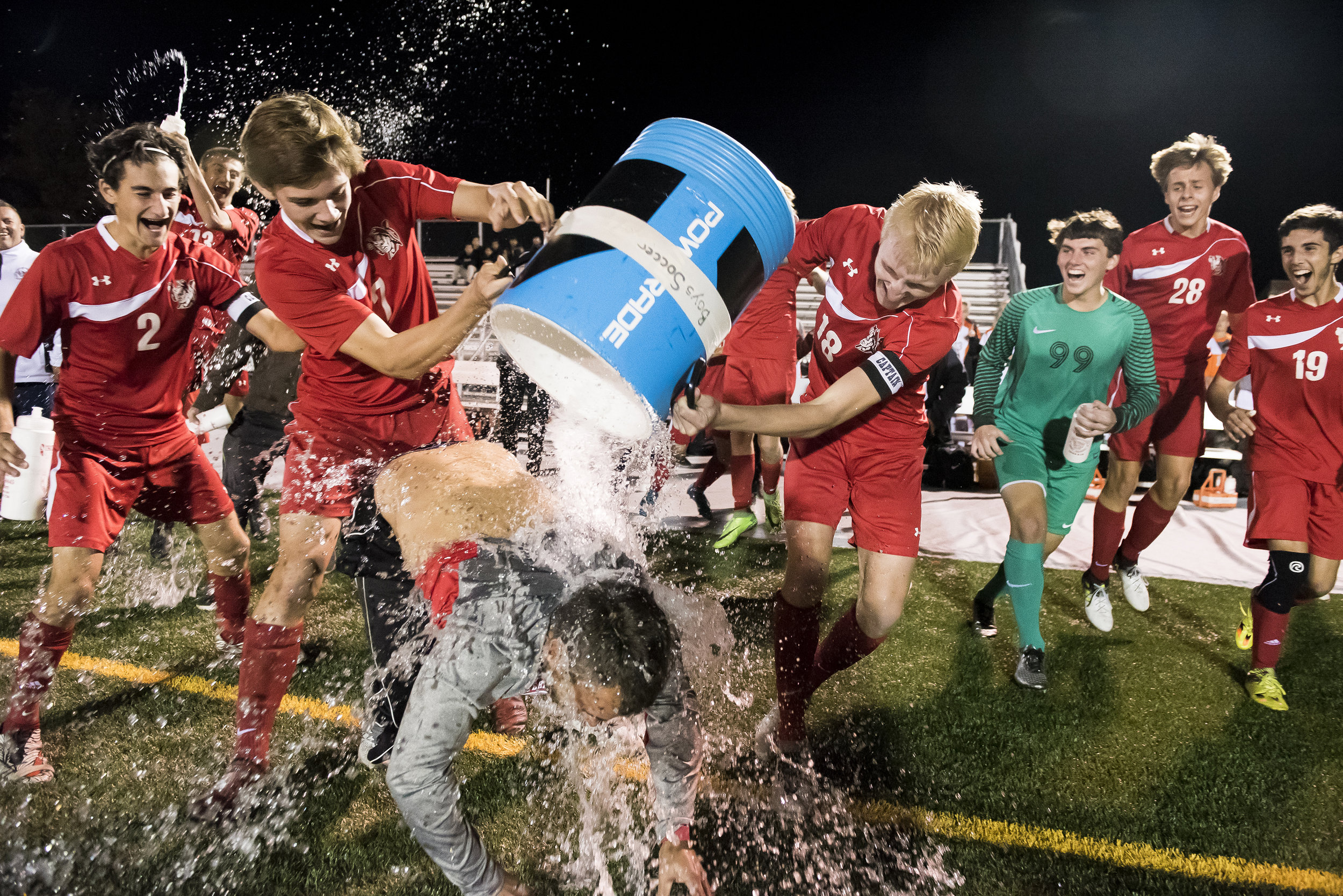  Susquhannock soccer head coach Brett Maxwell gets hit with the water cooler as the Warriors shut out Biglerville 6-0 to become YAIAA champions.  