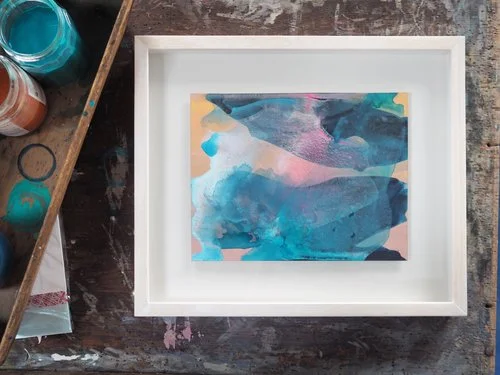 Turquoise, pink and blue on orange