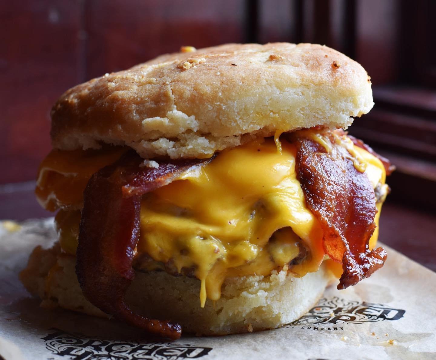 What do you get when you combine breakfast, dinner and Burger Monday together? 

The Brinner Burger. House made Biscuit, Double Patties with American Cheese, Fried Egg and Bacon. Served with a side of Strawberry Preserves.