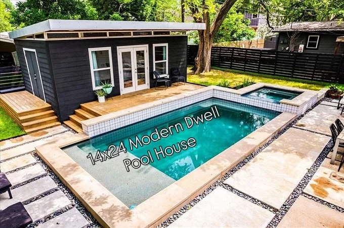 We wish it wasn&rsquo;t still pool season in Texas, but it is! ☀️ 🏊🏻&zwj;♂️ 🏖️ While we&rsquo;re waiting on fall 🍂 weather to get here, we can still enjoy this posh Modern 14x24 Pool House. Complete with kitchenette and full bathroom!