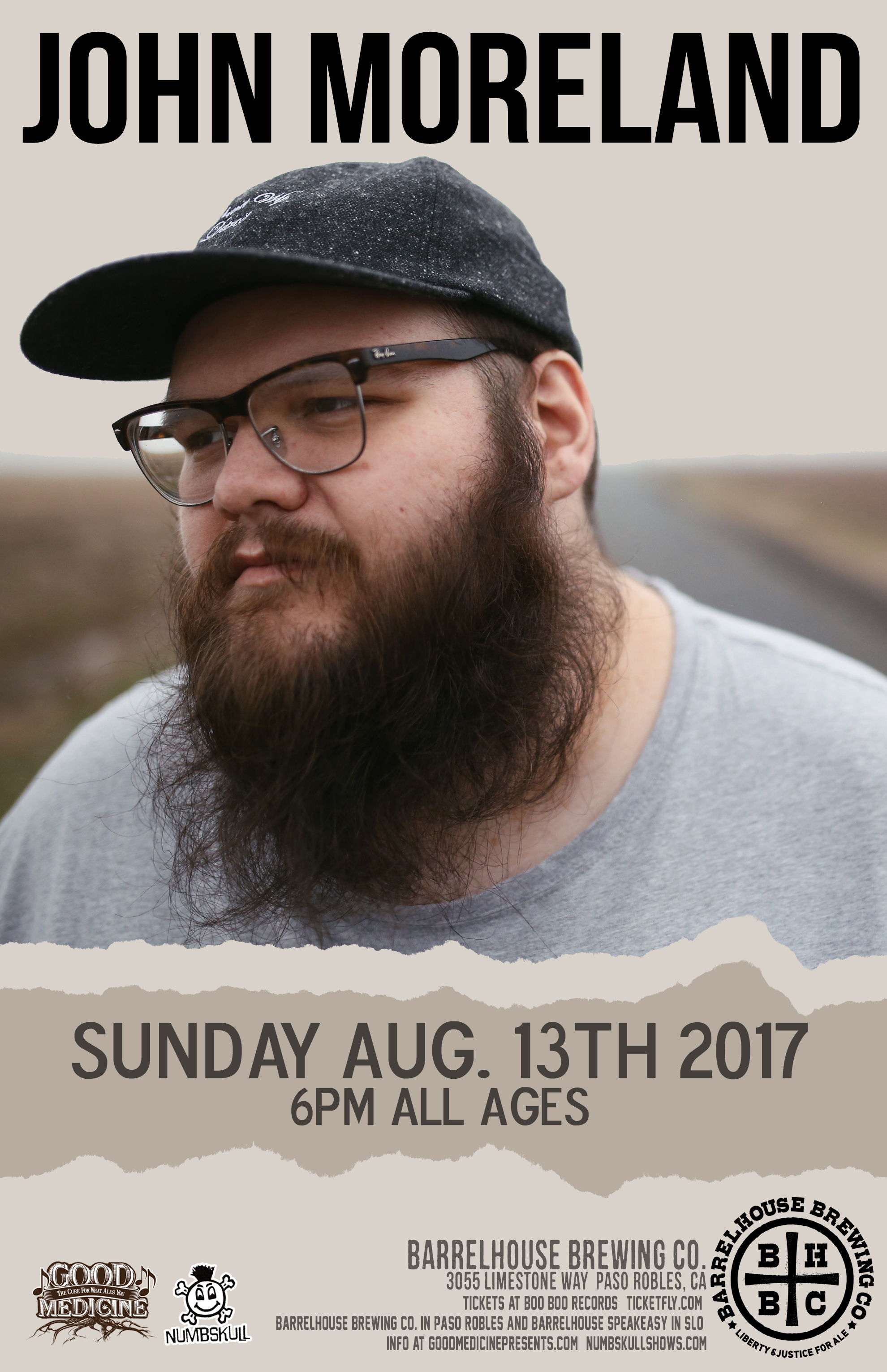 John Moreland BarrelHouse Brewing Co. - Paso Robles Sunday Aug. 13th - 6pm $15/20 - All Ages Ticketing Link: https://www.ticketfly.com/purchase/event/1471787