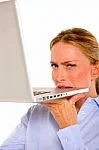 Business lady biting Laptop by Ambro
