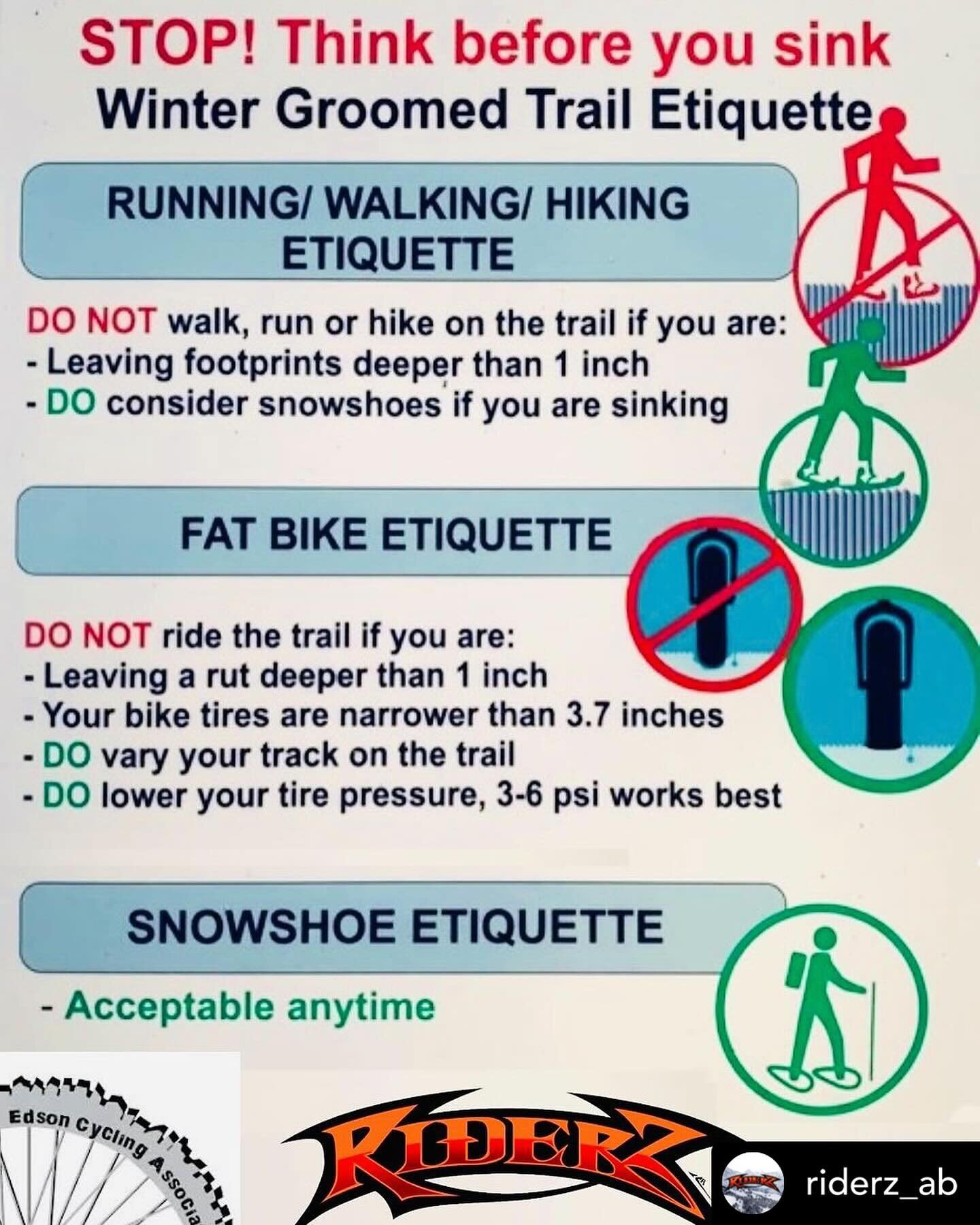 Trails are groomed and ready at Wilmore Park!! Get your fattys out and enjoy the beautiful weather coming up! Tag us in all your winter bike posts - we love to see it. 

Please see friendly reminder about trial etiquette. 

A huge thank you to @rider