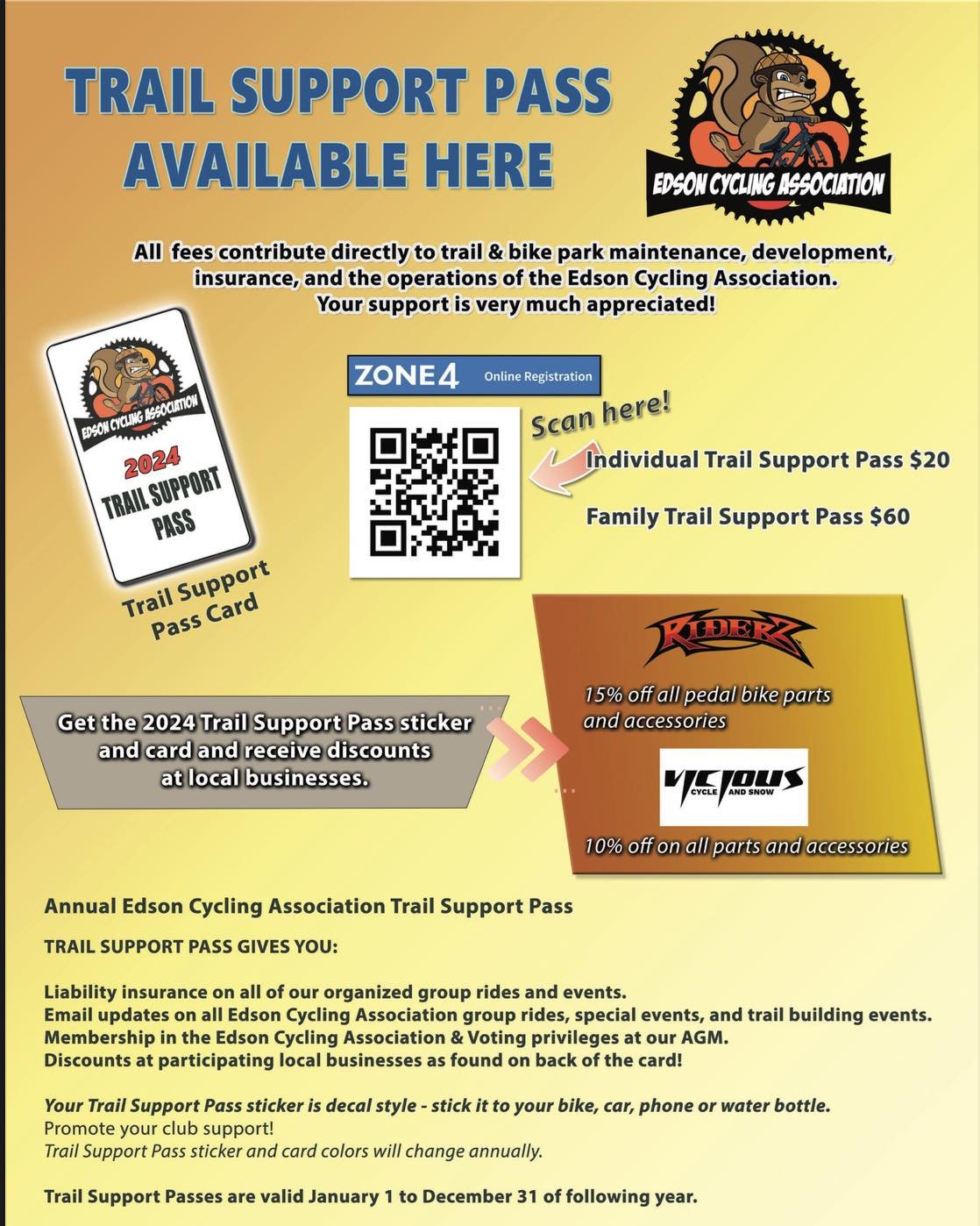 Here it is. The new Trail Support Pass!  It&rsquo;s the new Edson Cycling Association membership. Included is Liability insurance for group rides and trail maintenance and some great discounts at our supporting bike shops. Get yours today!