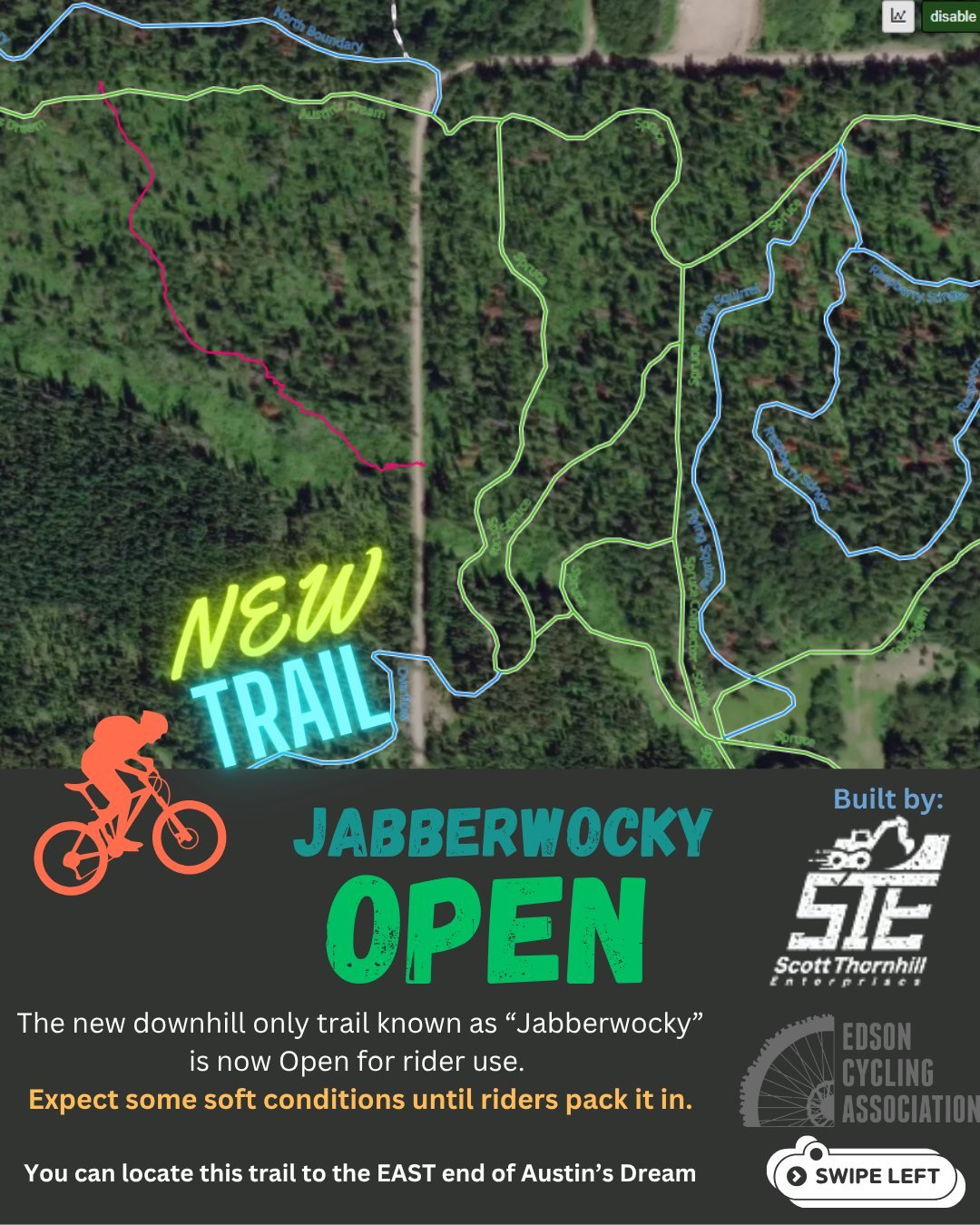 ๐จ TRAIL UPDATE – DOUBLE DROP! ๐จ
We’ve got two big reasons to celebrate this week in the Edson trail system! ๐
๐ Jabberwocky is OPEN!
A brand new downhill-only line now live at the ๐EAST end of Austin’s Dream. This one’s