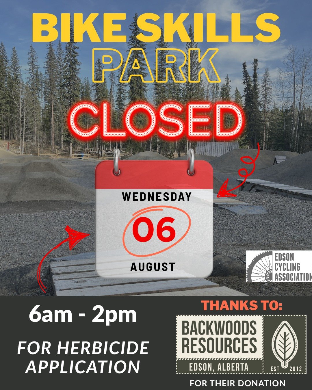 ๐จ Heads Up, Riders! ๐จ
The Bike Skills Park will be CLOSED on Wednesday, August 6 from 6am – 2pm for herbicide application. ๐ฟโ ๏ธ
Huge thanks to Backwoods Resources for once again donating their services to help keep the park from looking li