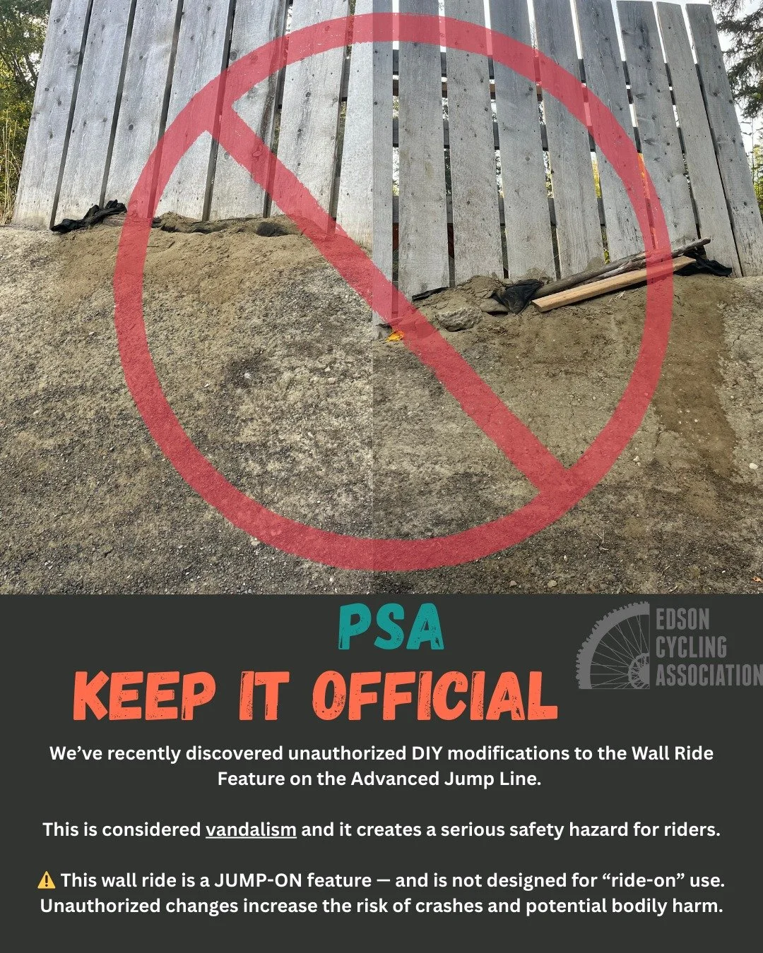 🚨 WALL RIDE SAFETY NOTICE 🚨

We&rsquo;ve recently discovered unauthorized DIY modifications to the Wall Ride feature on the advanced jump line. This is considered vandalism, and it creates a serious safety hazard for riders.

⚠️ This wall ride is a