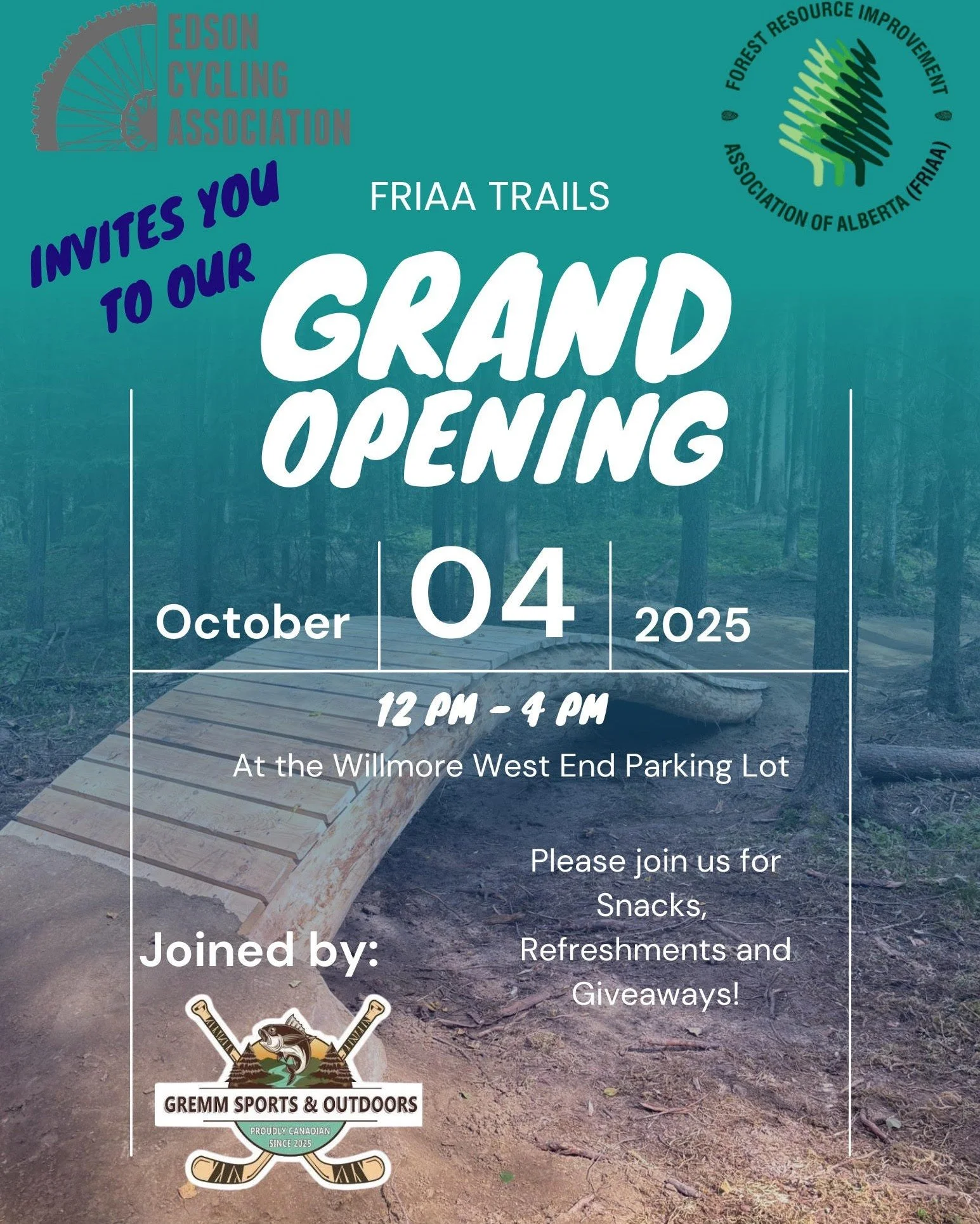 🚵&zwj;♀️ You're Invited to the FRIAA Trails Grand Opening! 🌲

Join the Edson Cycling Association and friends as we celebrate the official opening of the FRIAA Trails! 🎉

📅 Date: October 4, 2025🕛 Time: 12 PM &ndash; 4 PM📍 Location: Willmore West