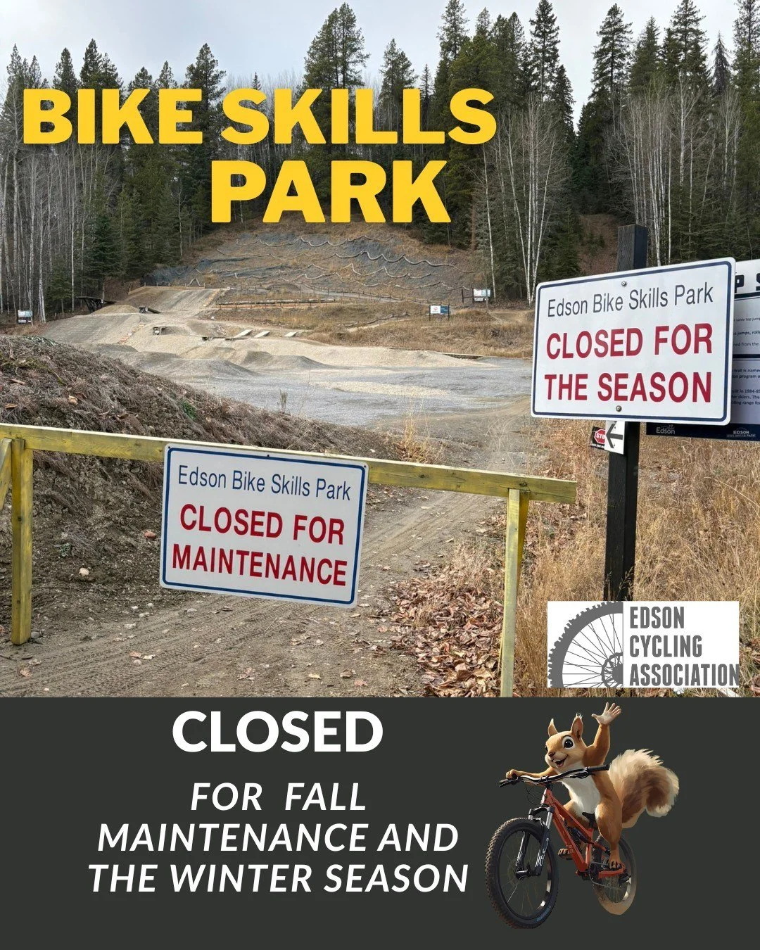 🚧 The Edson Bike Skills Park is now CLOSED  for the season🚧

Fall maintenance is commencing with @hootsinc ; once complete the skills park will be tarped by our volunteers for it's winter nap. 😴❄️
Tarping the freshly tuned features has proven to b