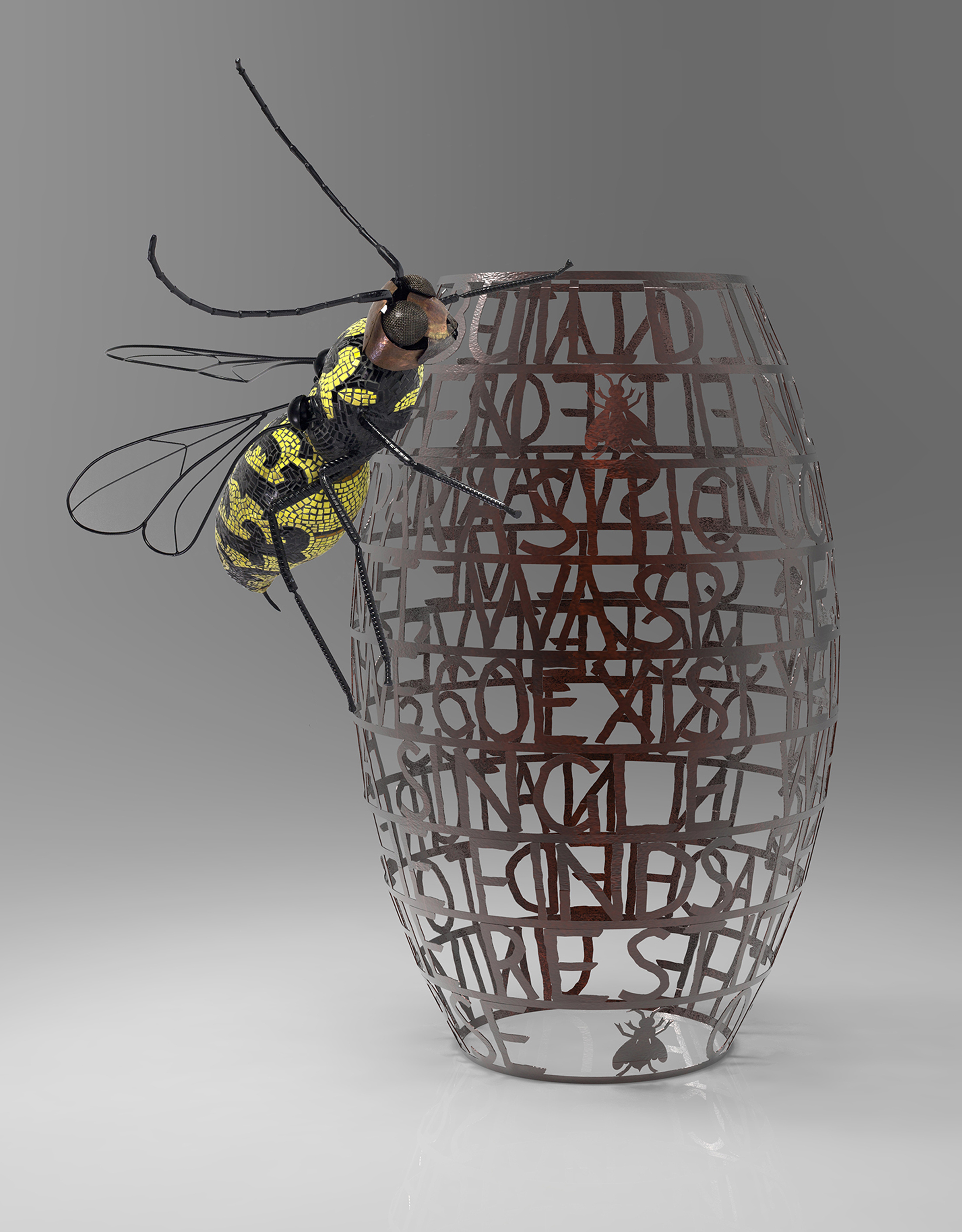 This is the rendered proposed piece. However, the wasp will face down and there will be a 5' hexagonal base to deter climbing.