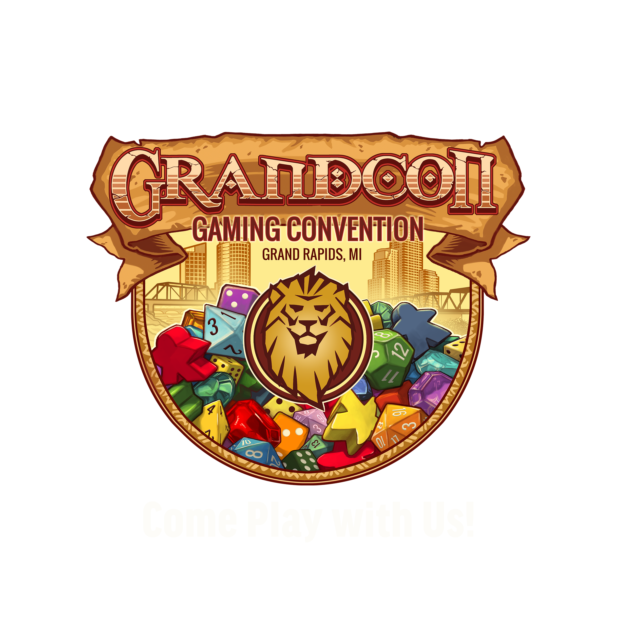 Logo for Grazdcon Gaming Convention in Grand Rapids, MI featuring a lion emblem, colorful dice, city skyline, and a banner with the text "Come Play with Us!"