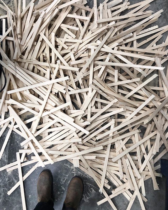 These are the remnants from over 390 bandsaw cuts and the pile is not done growing yet! I love these little reminders of the progress we&rsquo;ve made!.
.
.
.
#studioscene #process #littlebylittle #repetition  #bandsaw #woodworking #experiencecollect