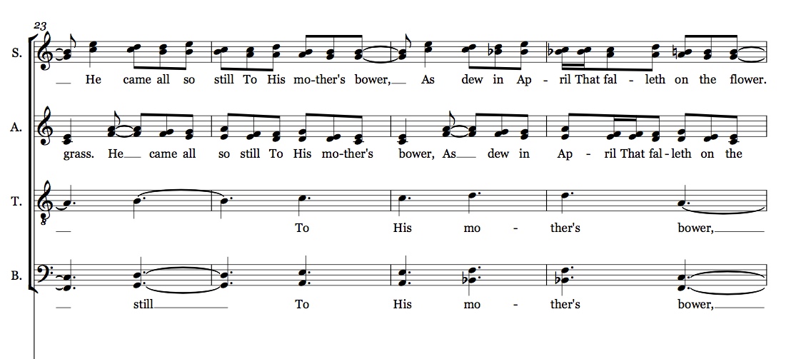 Simply, lullaby tune in canon in the sops and alto, underpinned by some big chords in the tenors and basses.