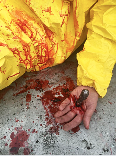 Fake metal piece through hand, created and applied by Aria Ferraro  "Night Sweats" Director Andrew Lehman-Clarke 