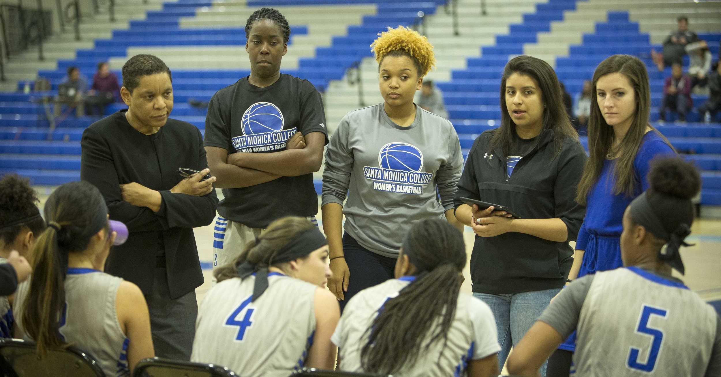  Feburary 22nd 2017 . The Santa Monica College Corsair Womens Basketball team huddle for strategy for a time out in the second half called against The San Diego City College Knight'. The Corsairs would win at home in Santa Monica Calif. 89-78 earning