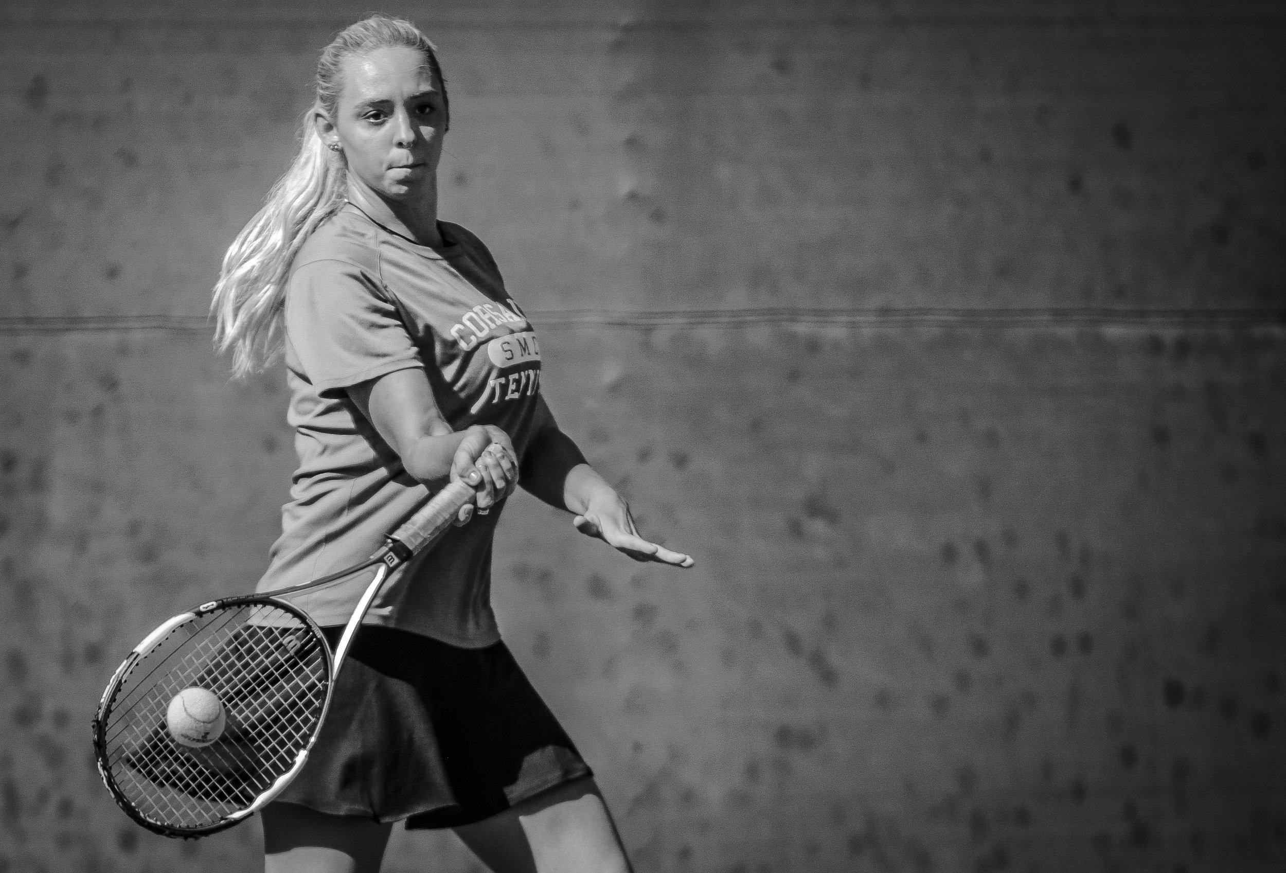  March, 8th 2016. Santa Monica College Corsair Women's Tennis player Lauren Voiers (center), played at home against Tyler Bunderson (not shown) from The Santa Barbara City College Vaqueros. Lauren would loose the match, and The SMC team would also lo