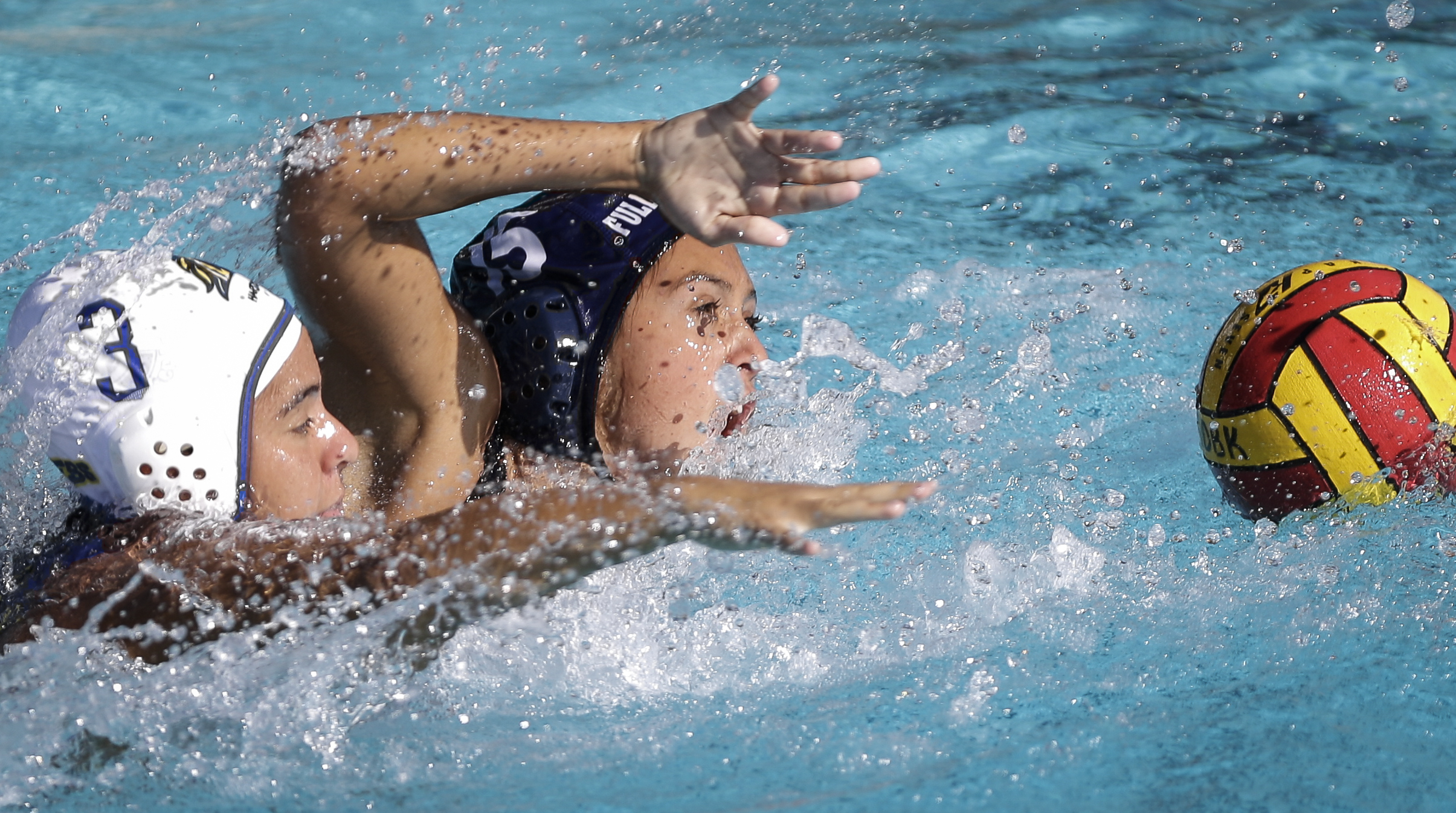  the Cypress College Chargers sophmore (3) Jeniffer Iniguez (left) and The Fullerton Colege Buzzys  sophmore (15) Marissa Vaccher (right) battle for position of the ball. Fullerton College would beat the Cypress College Chargers 17-3 on october 33rd 