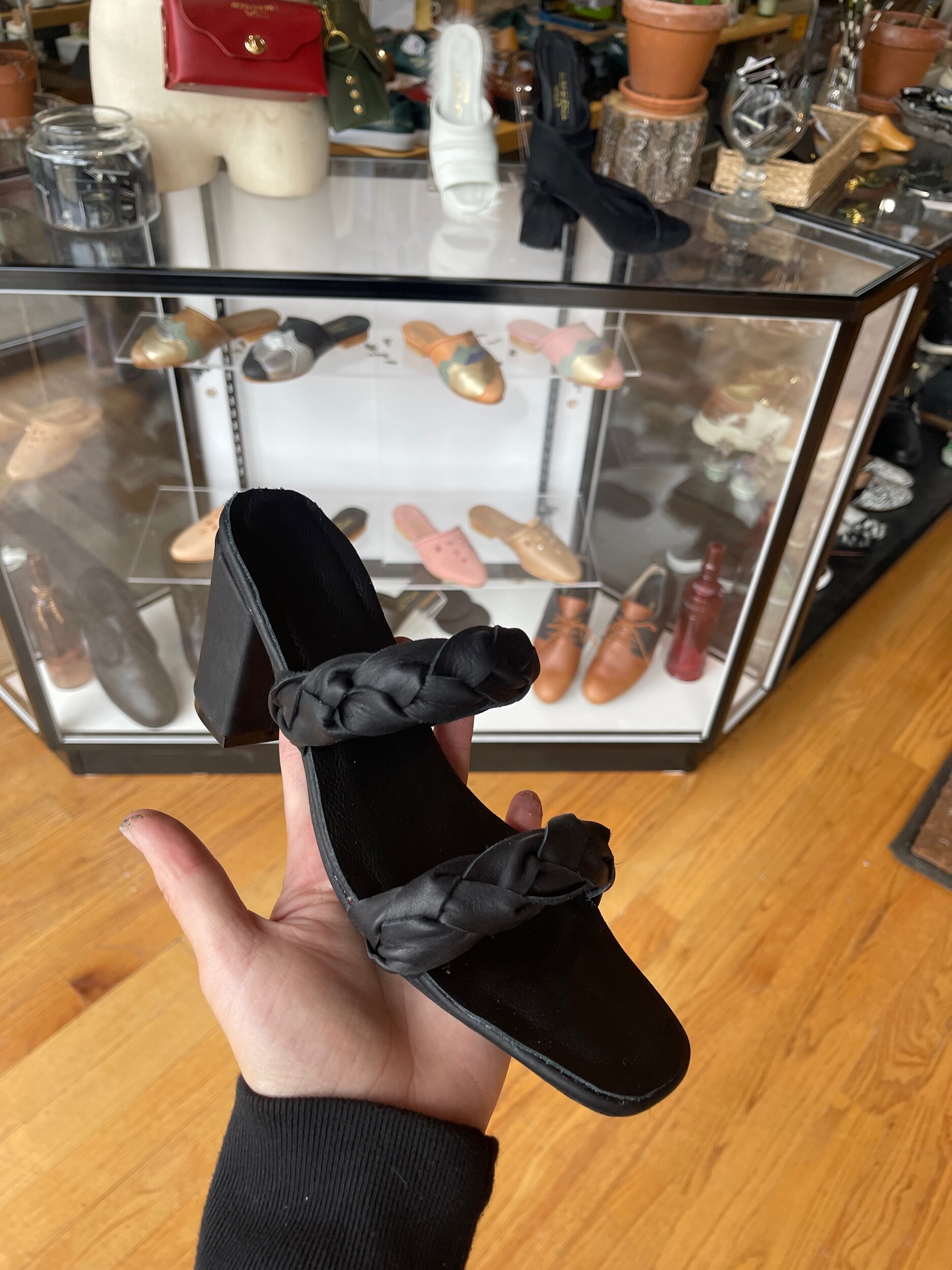 Braided leather strap heels made during heel making class