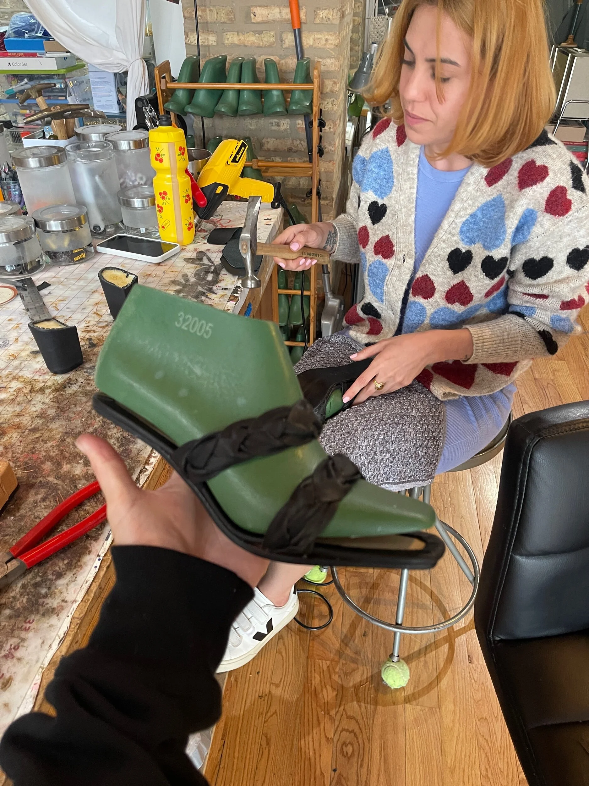 Braided leather strap heels made during heel making class