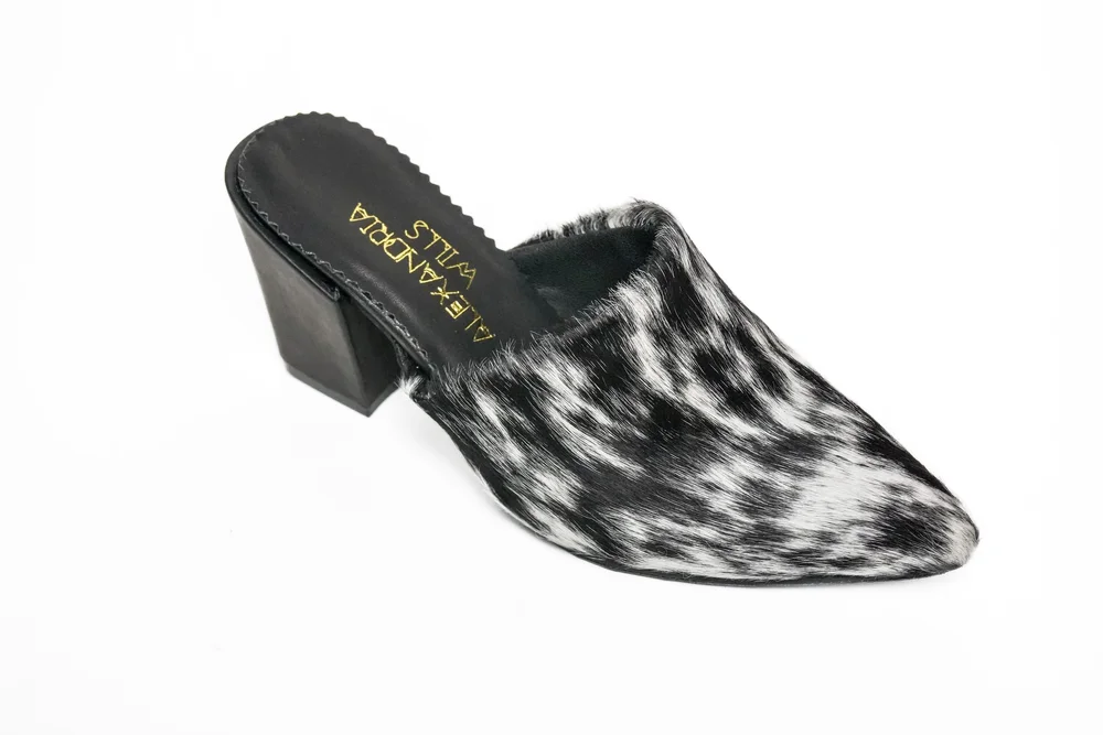 Black Speckled Leather Cowhide Mule Heels — Alexandria Wills