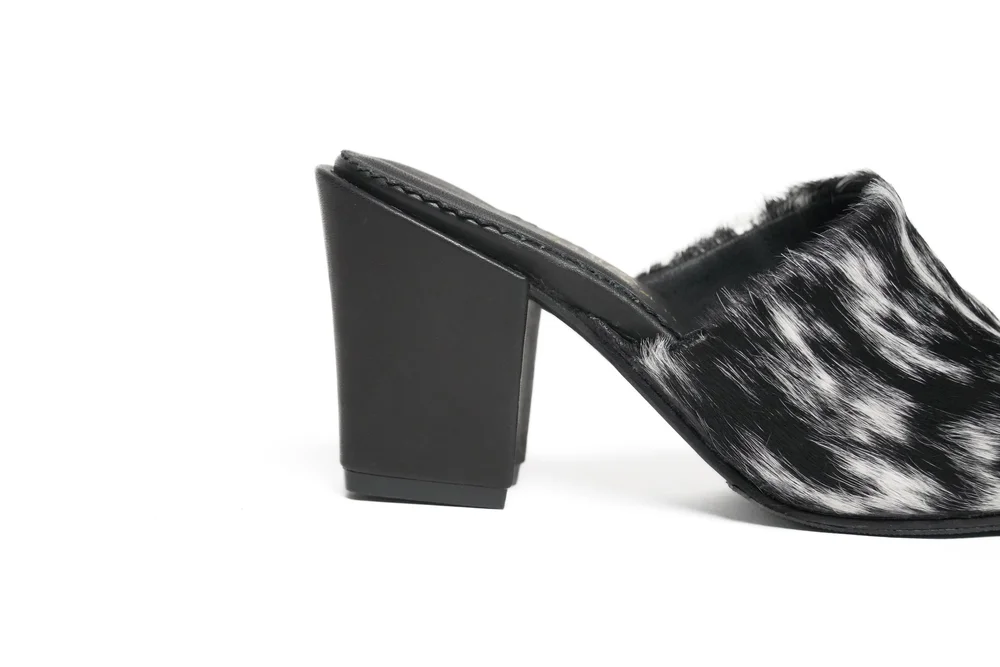 Black Speckled Leather Cowhide Mule Heels — Alexandria Wills