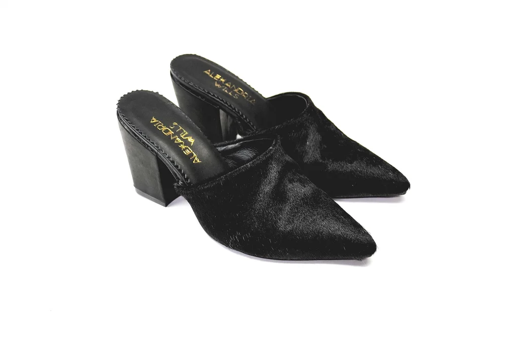 Black Cowhide Pointed Toe Leather Heels — Alexandria Wills