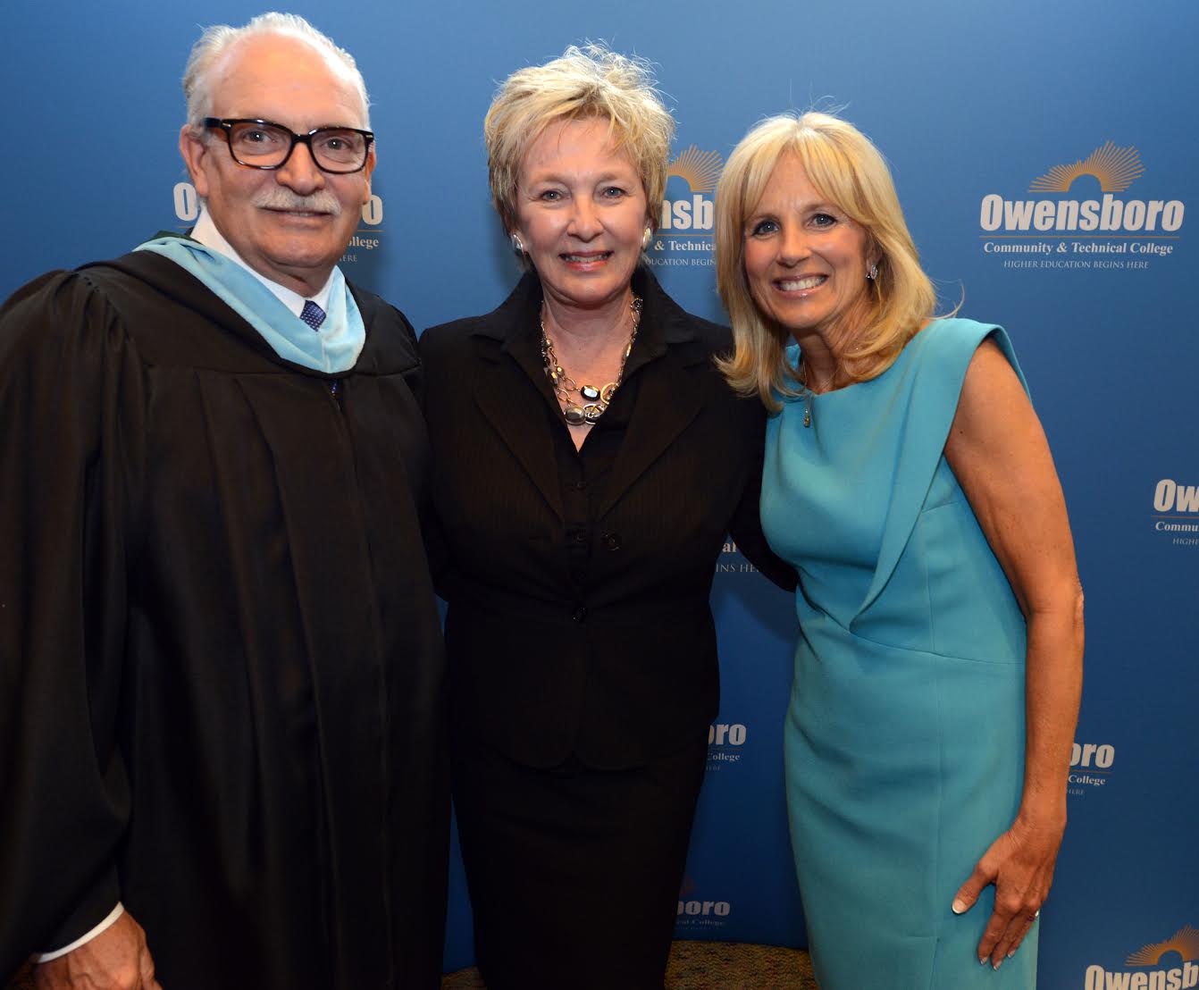 Mike, his wife Joan, and Dr. Jill Biden at the Owensboro Community & Technical College graduation ceremony.
