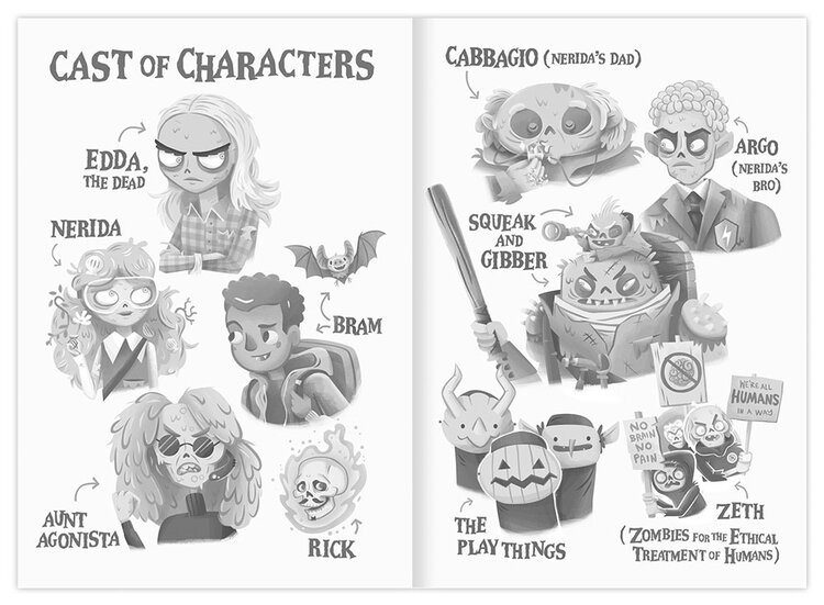 Cast of characters illustration spread from Zombie, Or Not to Be. Hazy Dell Press, 2020.