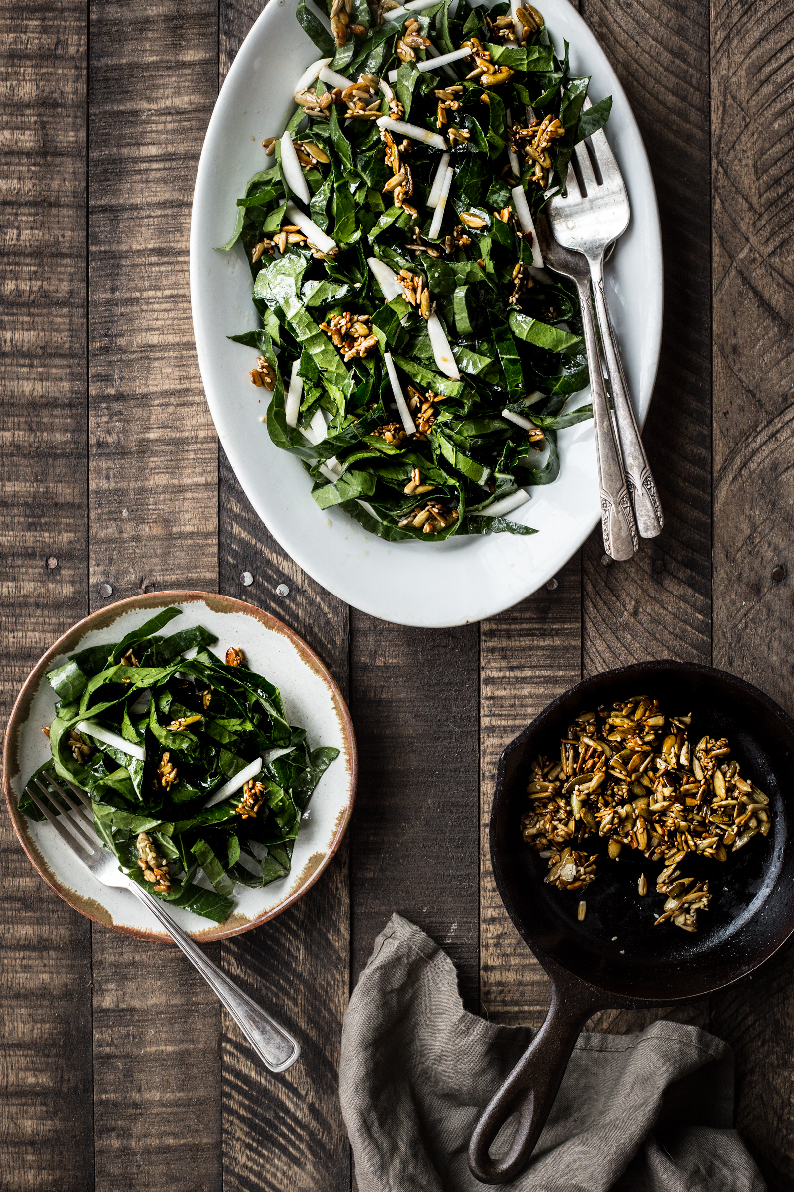 Collard Green & Turnip Slaw With Spicy Seed Brittle (substitute the turnips with radishes)