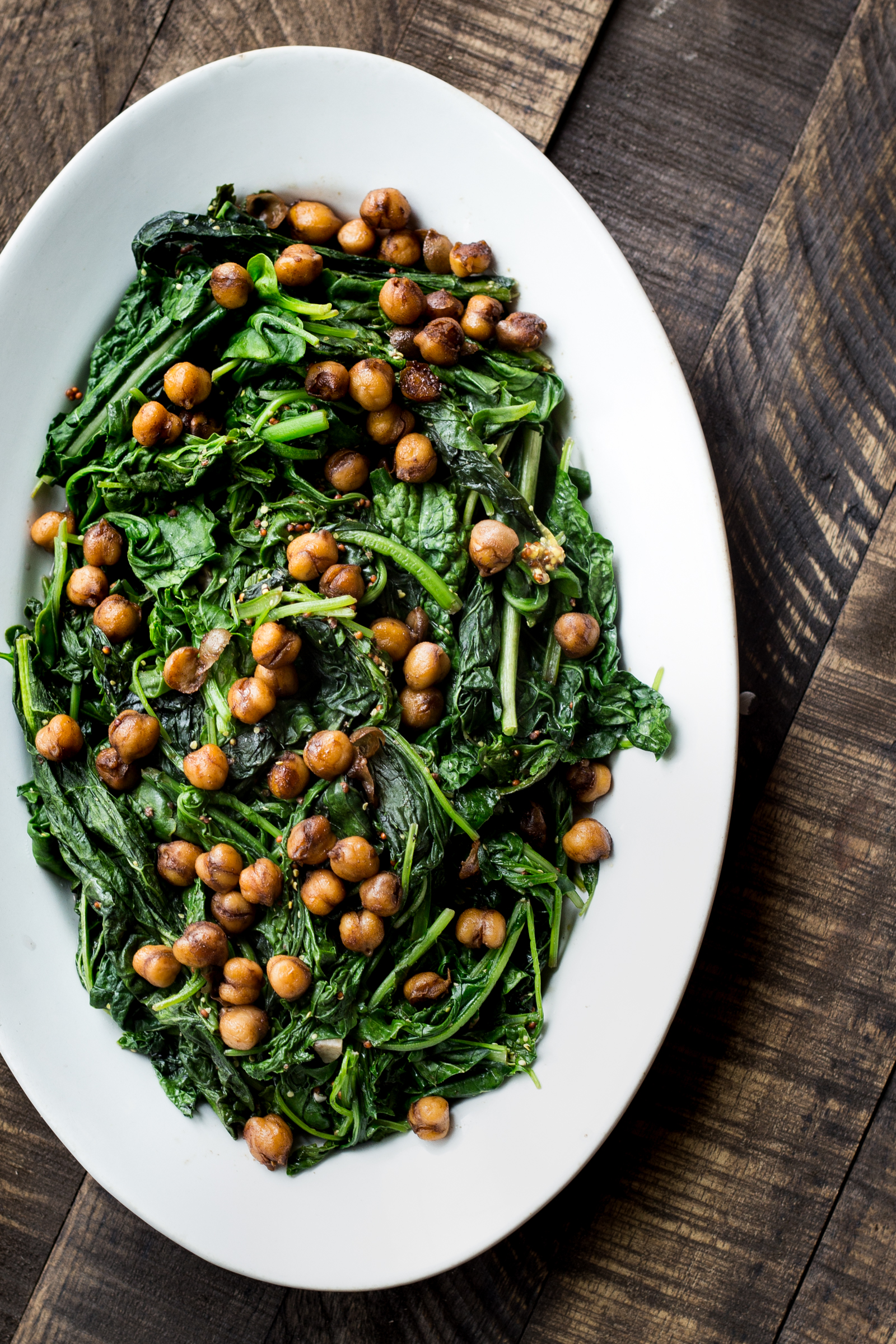 Braised Mustard Greens with Caramelized Sesame Chickpeas 