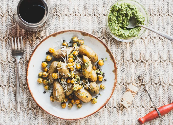 Fingerling Potato Salad with Mustard Green Pesto (substitute the mustard greens for spinach!)
