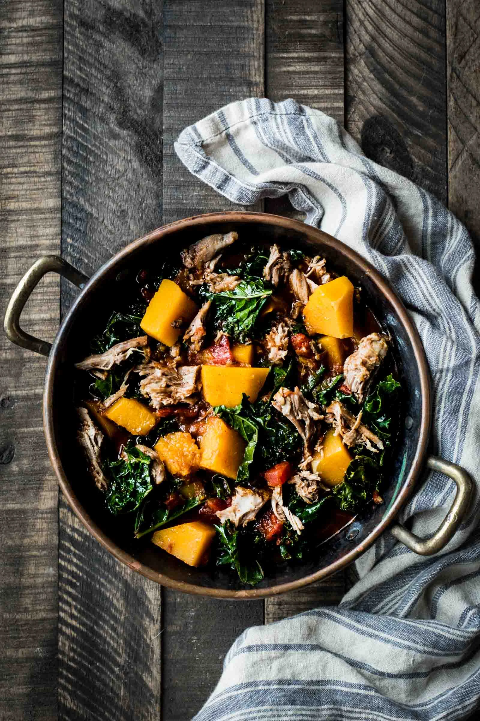 Pork and Winter Squash Stew (you can sub the spinach for the kale in this recipe)