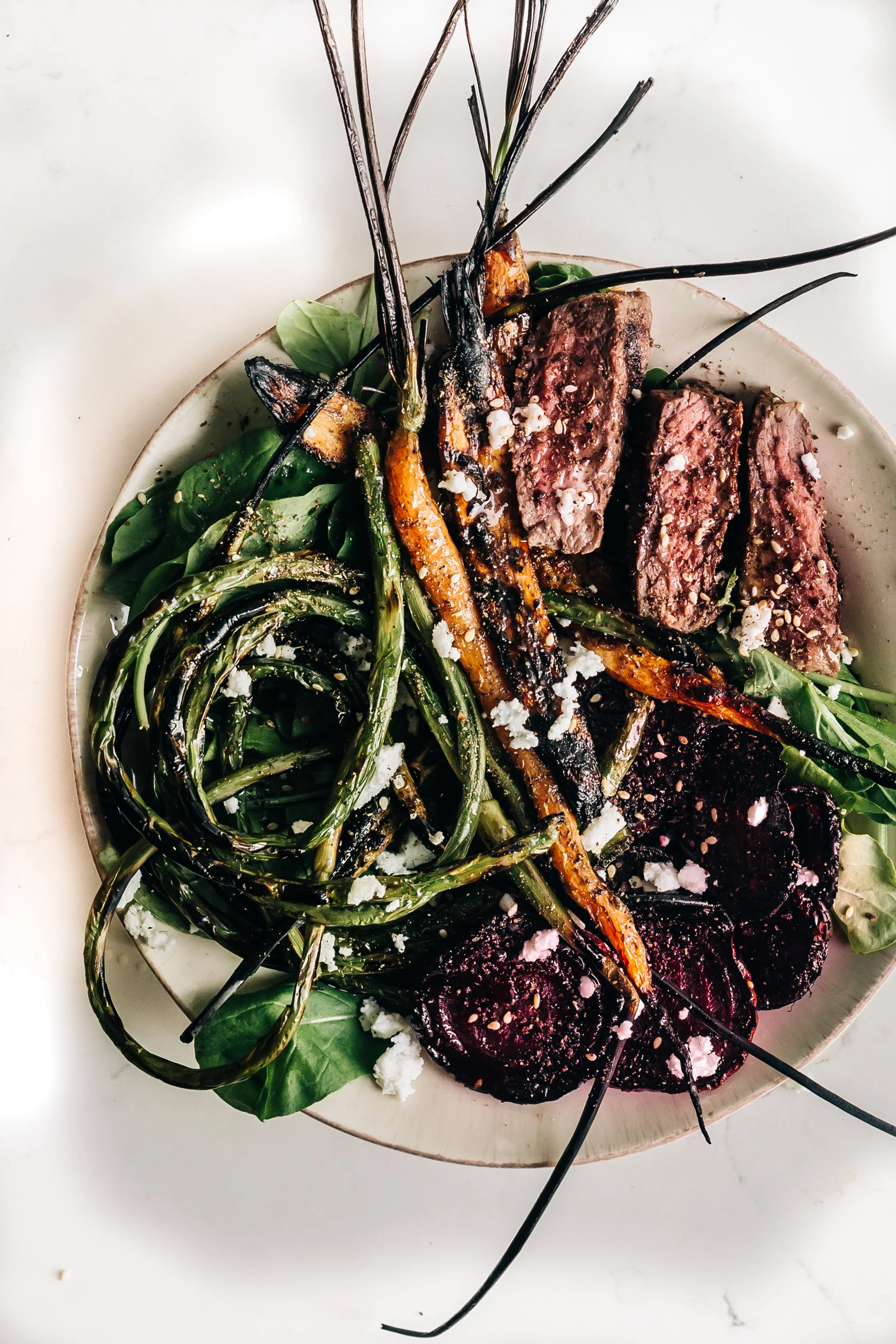 Steak Salad with Charred Vegetables (use the mizuna instead of arugula and add the turnips instead of carrots!)