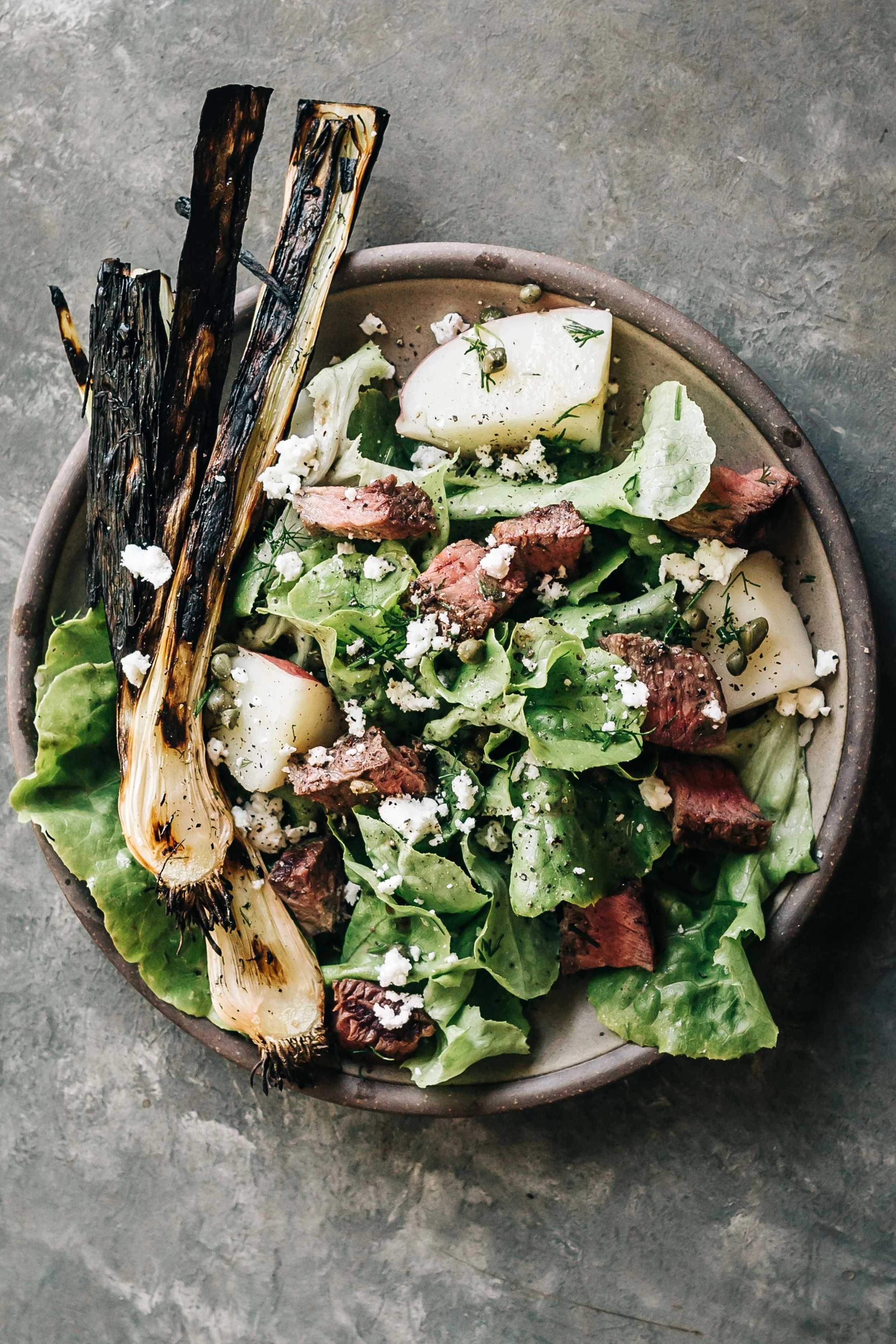 Steak Salad with New Potatoes and Charred Leeks (use beets in place of potatoes and sweet onions in place of leeks)