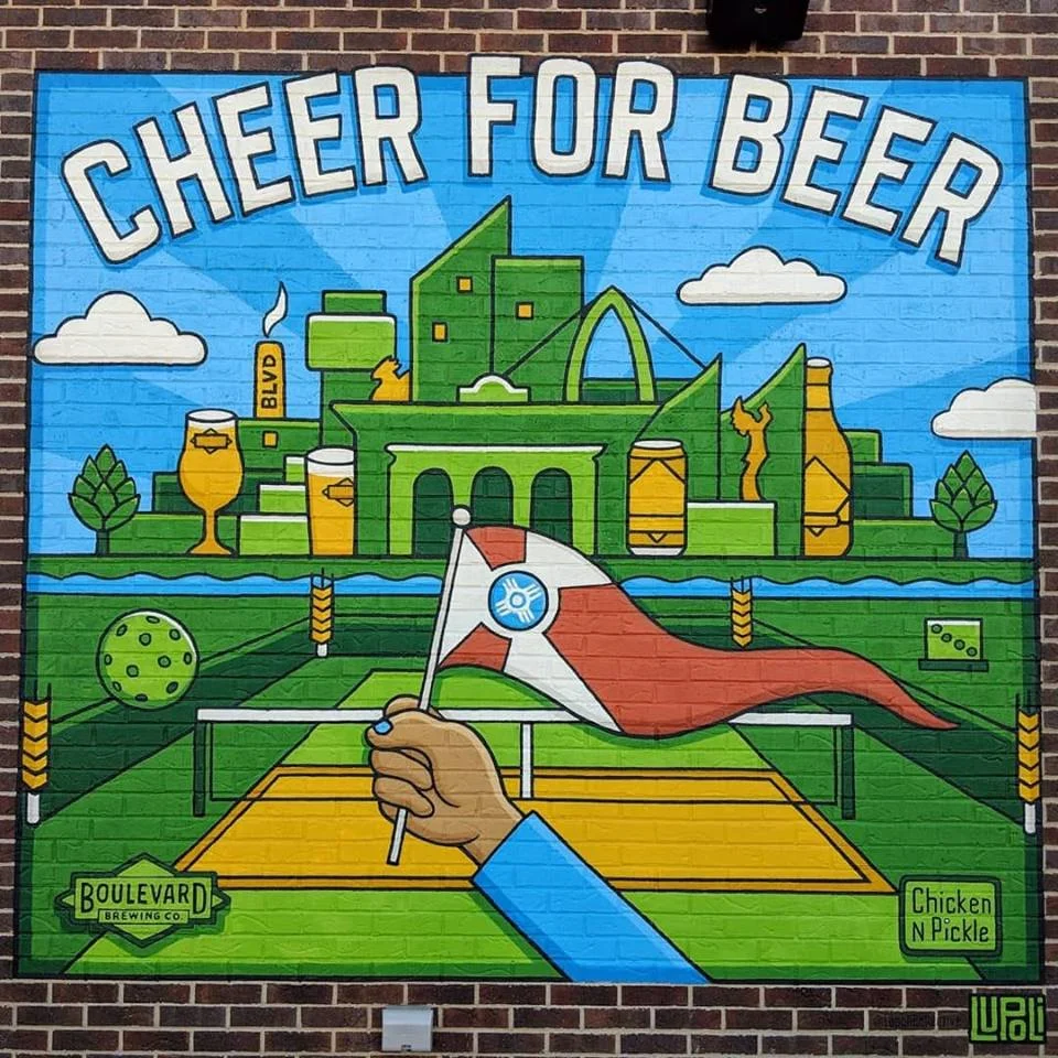 “Cheer for Beer” Lupoli Collective, 2019, acrylic - Chicken N Pickle Wichita / Boulevard Brewing Company.