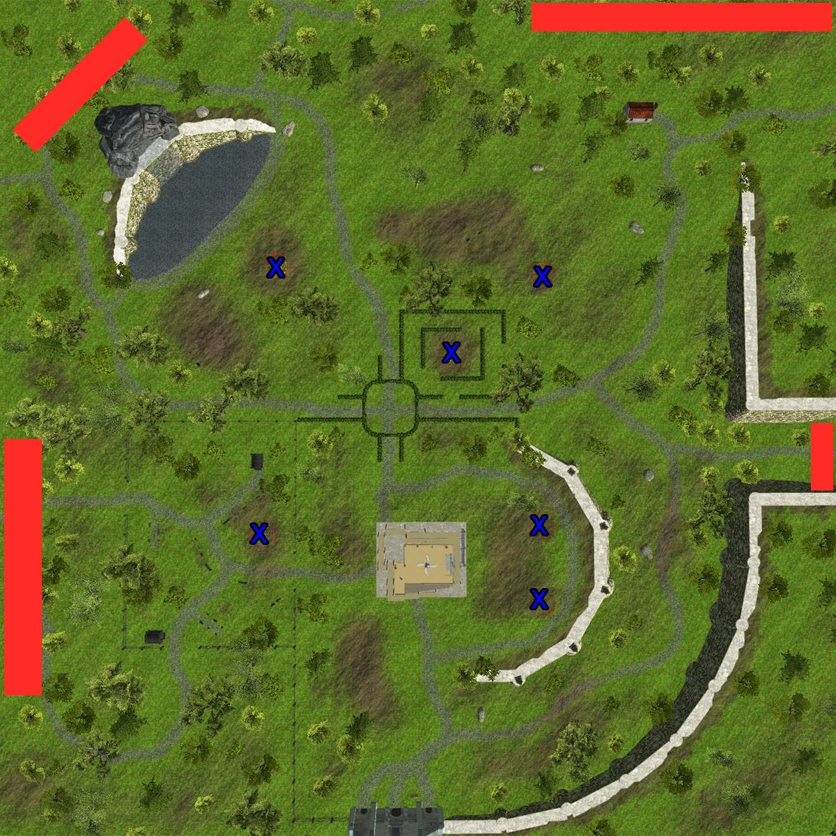 Blue x's represents oat fields. Red areas represent enemy spawn zones