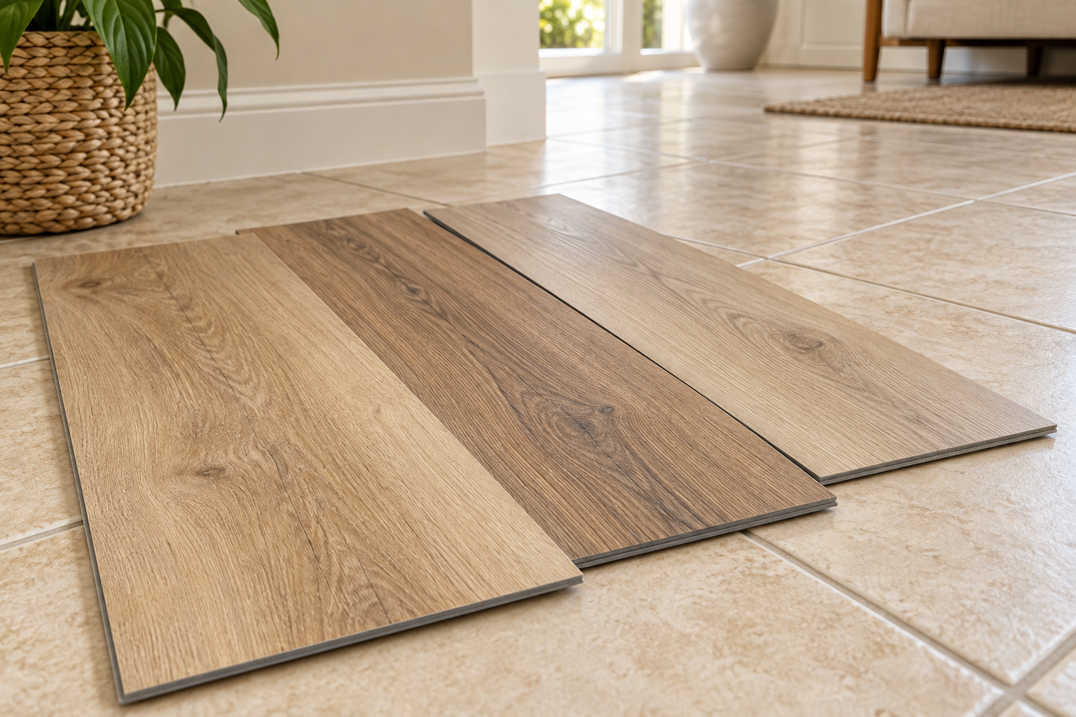 Illustration of wood-look luxury vinyl plank samples resting on an existing ceramic tile floor