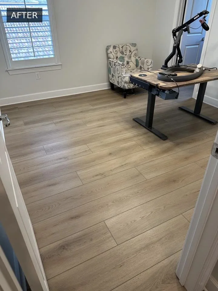 Completed wood-look flooring in a home office, shown in the Cardinal Floors before-and-after video