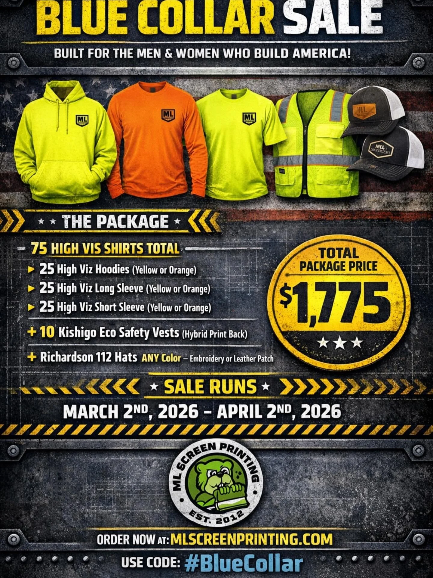 We are running a Blue Collar Workwear Deal at ML Screen Printing right now for all the hardworking crews out there. Tag those hard working people you know! 

If you run a construction, landscaping, excavation, trucking, or trade business, this packag