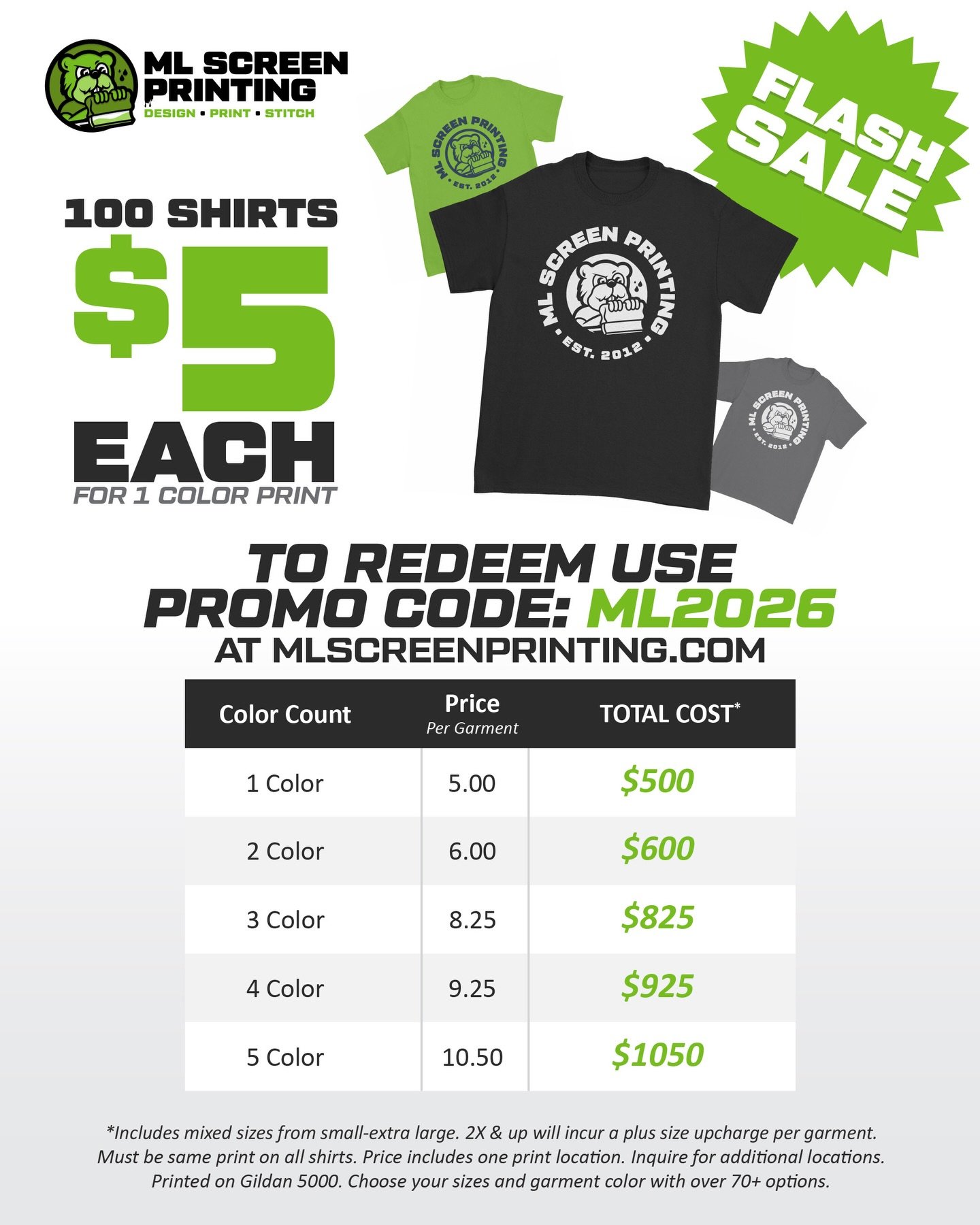 !!FLASH SALE!!

100 T shirts, 1 color, 1 print $500! 

Use promo code ML2026 at www.mlscreenprinting.com to redeem! 

Offer ends 1-23-26 so don&rsquo;t wait! 

#sale #custom #screenprinting
