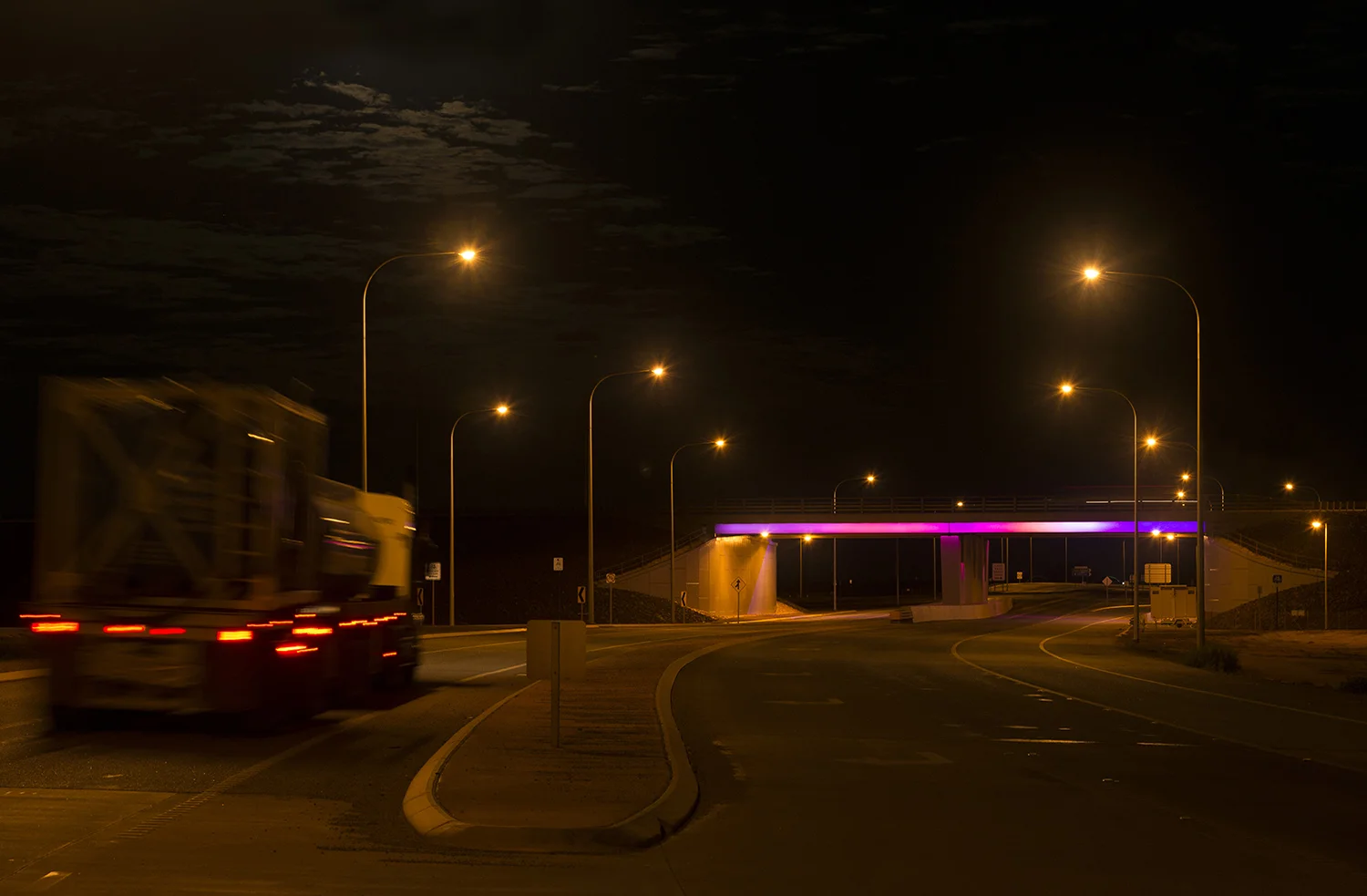 Night Falling is one of two works that together are titled Tidal Horizon . Both use light to reinterpret the sunsets and large skies of the area and re-project these into the longer night. The lighting display of the sky and its moving horizon are programmed to mimic the huge tidal movement of the area, and in this way the whole artwork acts as a real time tide meter. photo Miriam Sheridan