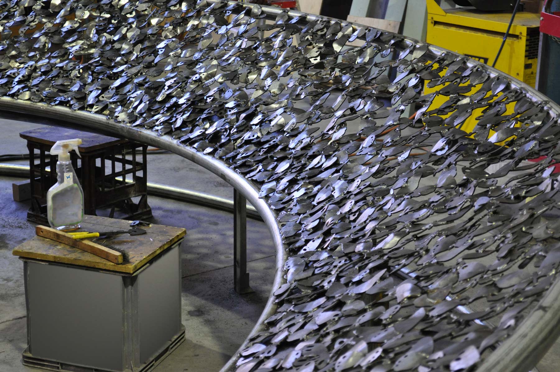 The public artwork during fabrication in the artist's studio.